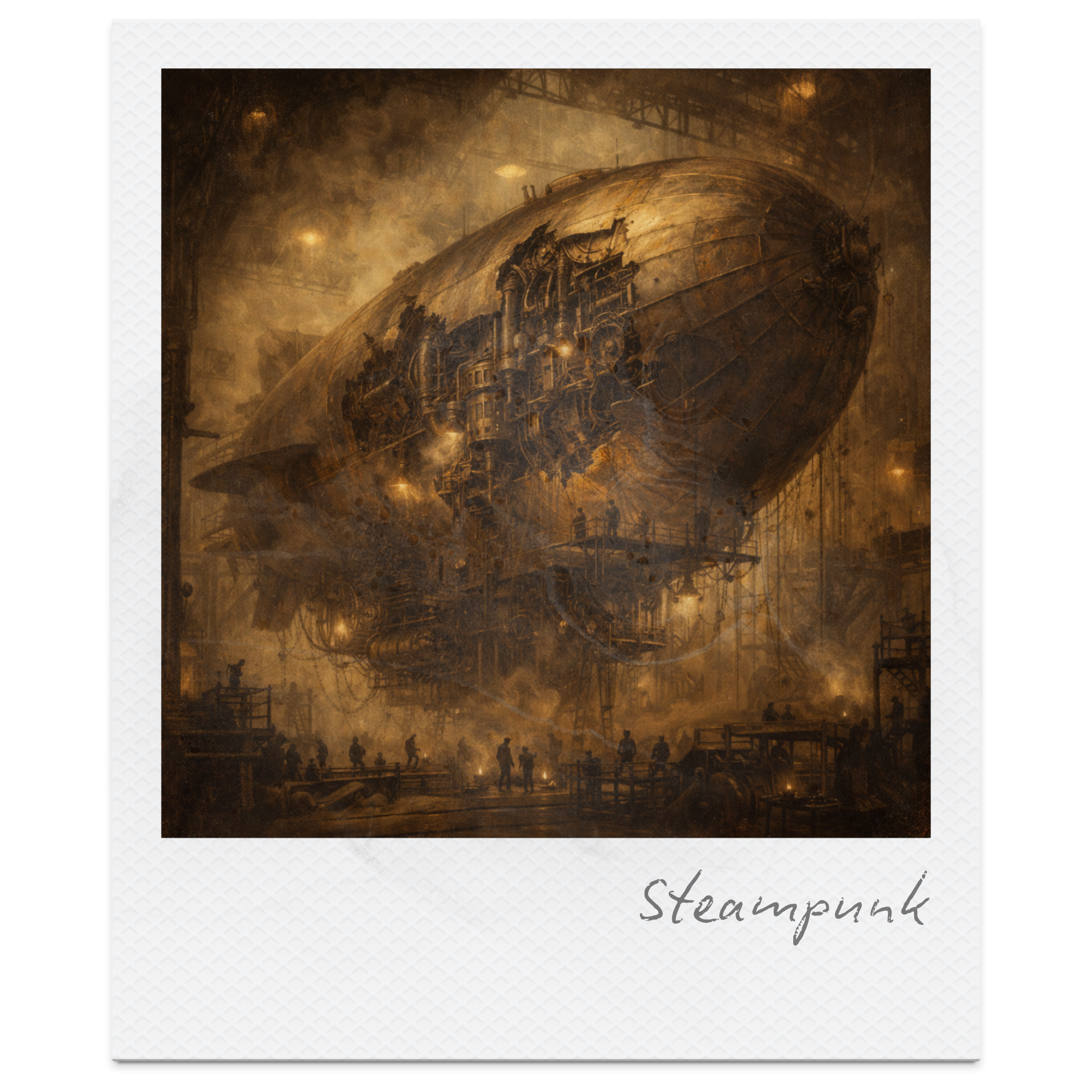 Vintage steampunk airship in a steampunk factory with workers, machinery, and scaffolding, under warm, atmospheric lighting.