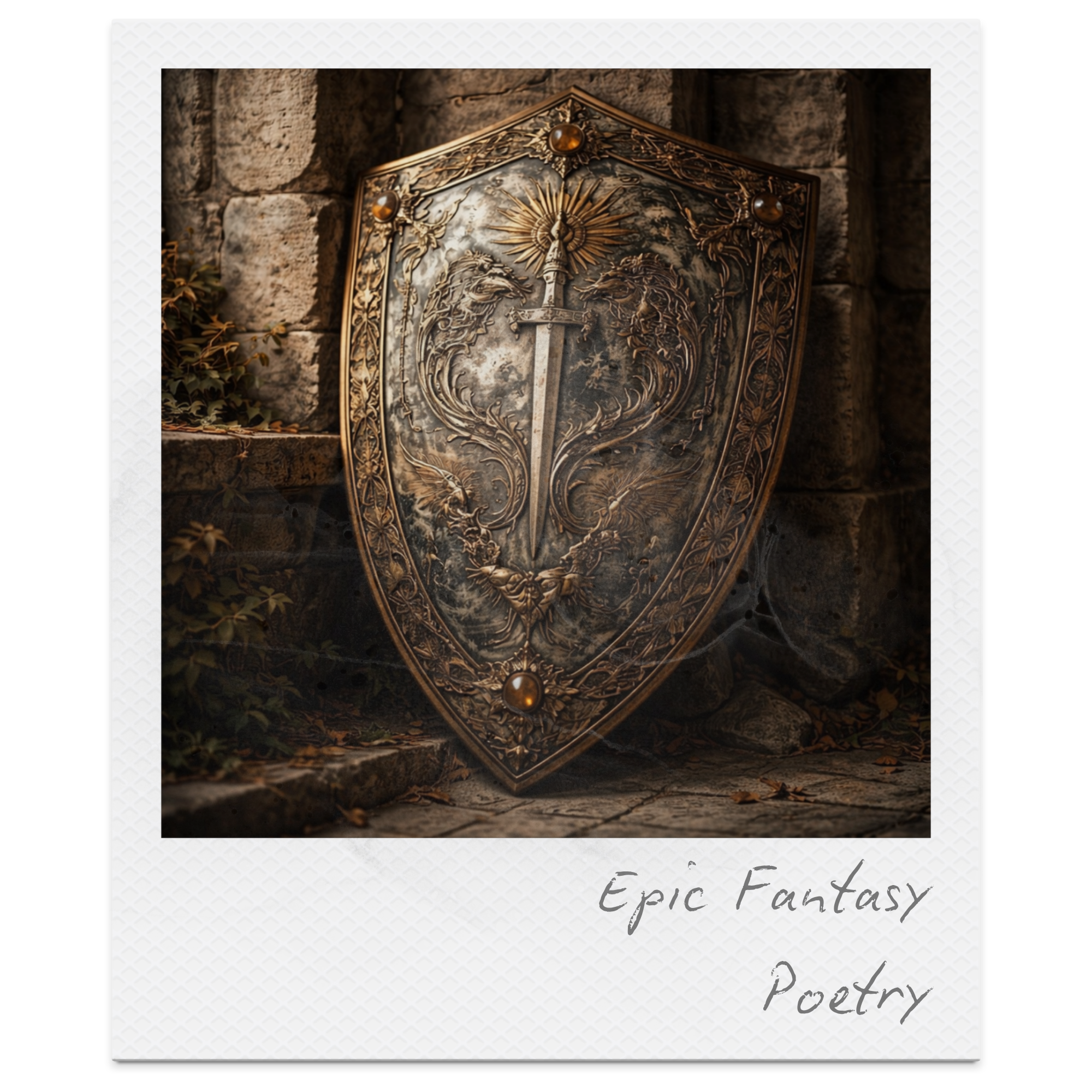 A medieval-style shield with a detailed design of a sword, lions, and dragons, leaning against a stone wall with a small set of stairs and leaves nearby. Caption reads 'Epic Fantasy Poetry'.