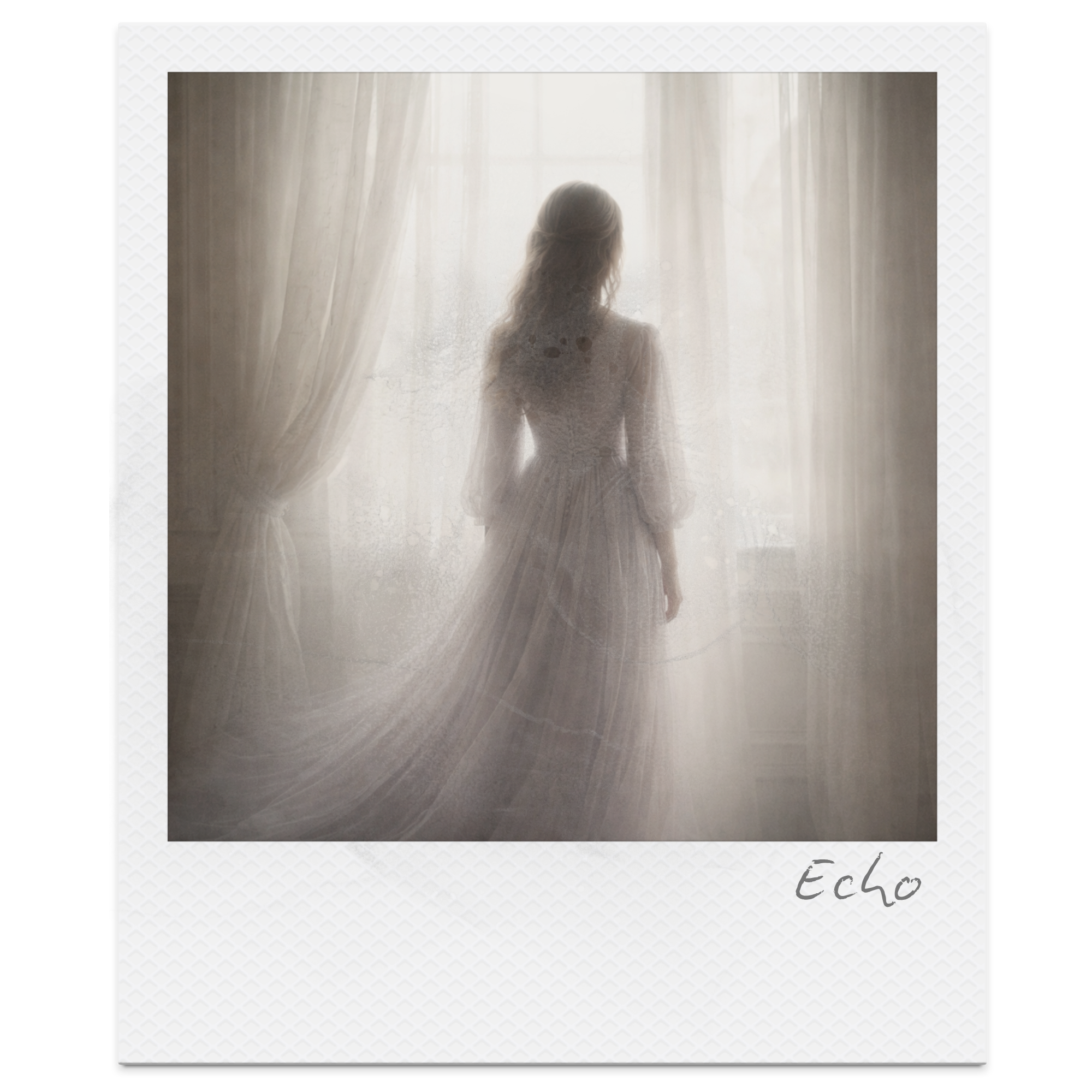 A woman in a vintage-style dress standing by a window with sheer curtains, looking outside in a soft, diffused light scene.