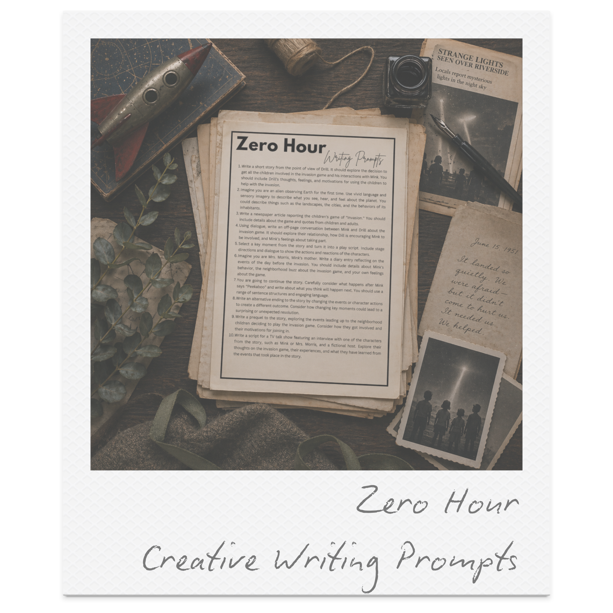 A vintage desk scene featuring a toy rocket, old book, spooled twine, ink bottle, and sepia-toned photographs scattered on a wooden surface with a small leafy branch. Overlay text reads 'Zero Hour Writing Prompts'.