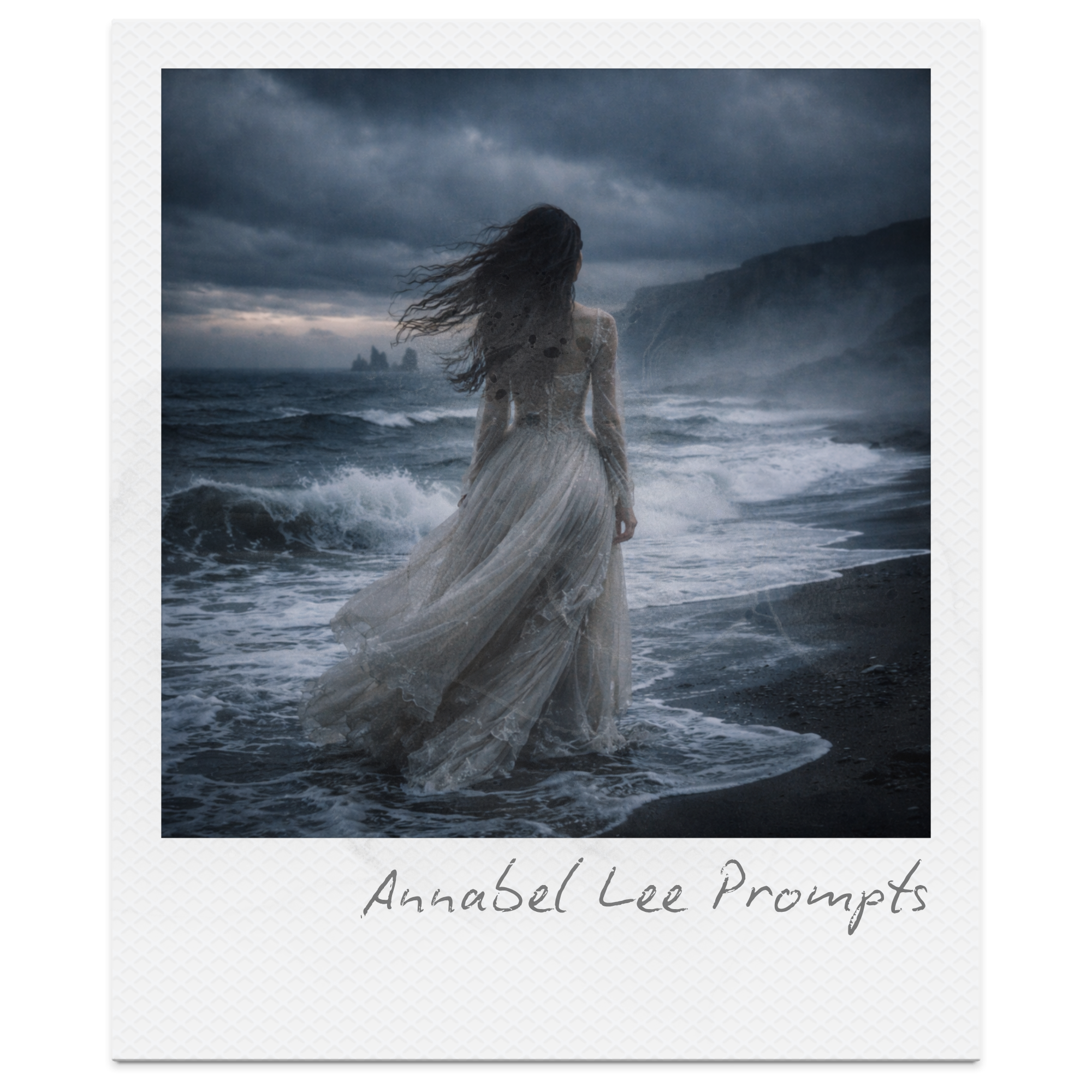 A woman in a long, flowing dress standing on a rocky beach with waves crashing around her under a cloudy, stormy sky.