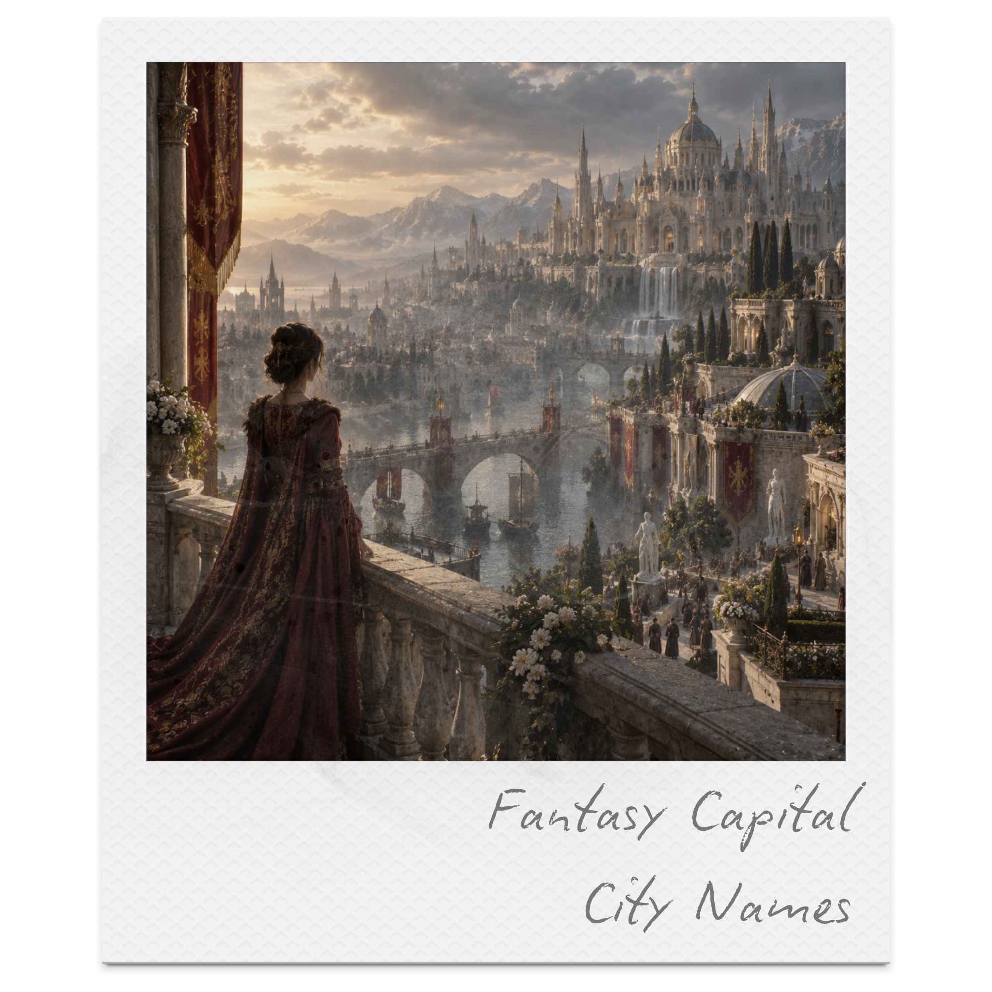A fantasy castle overlooking a city with mountains in the background at sunset, seen from a balcony with a woman in medieval clothing.