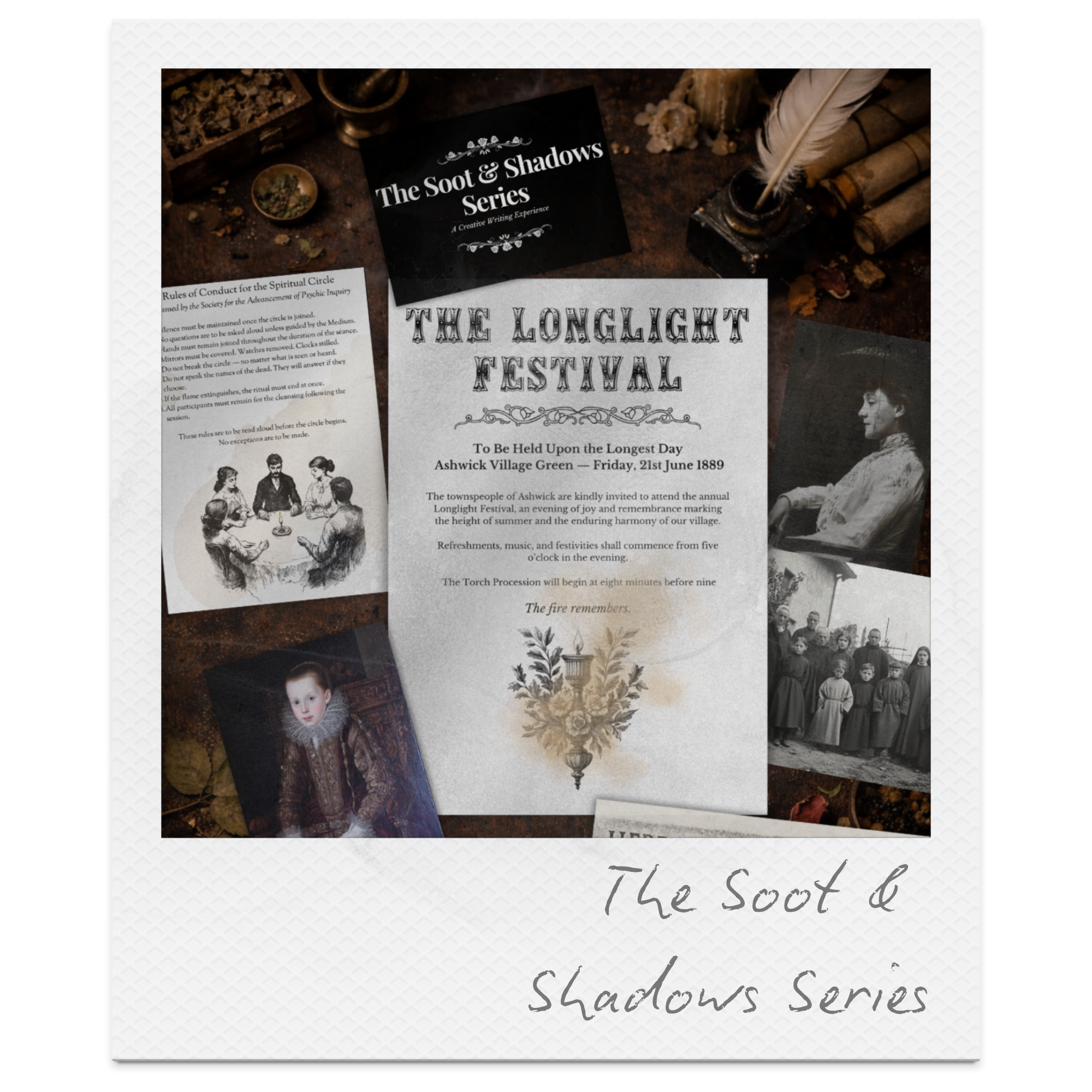 A historical event announcement for The Scout & Shadows Series festival held on June 21, 1889 in Ashwick Village Green, with vintage style posters and black-and-white photographs of people.