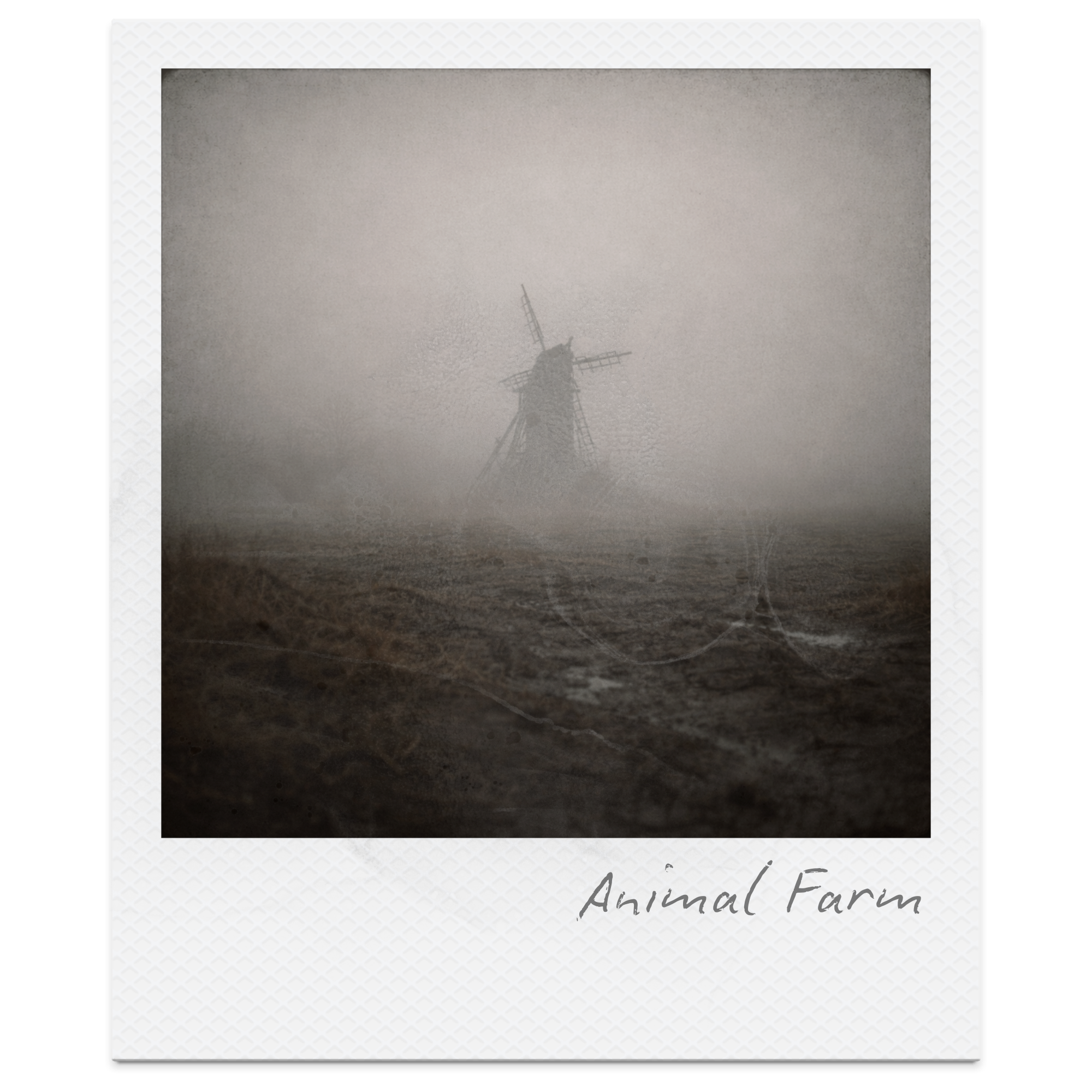 A foggy, desolate field with an old, dilapidated windmill in the distance, and faint outlines of barbed wire in the foreground. The image has a muted, somber tone and an overall eerie atmosphere. Text on the bottom right reads "Animal Farm".