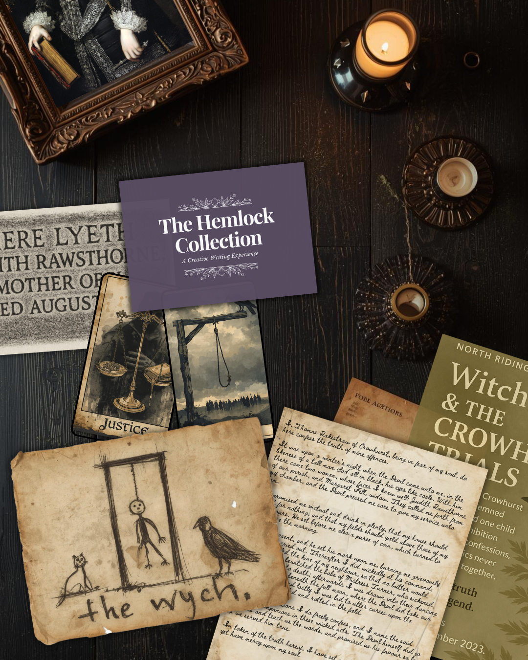 Flatlay of Hemlock relics including herbarium sheets, grave rubbings, charcoal sketches, and museum exhibit cards.