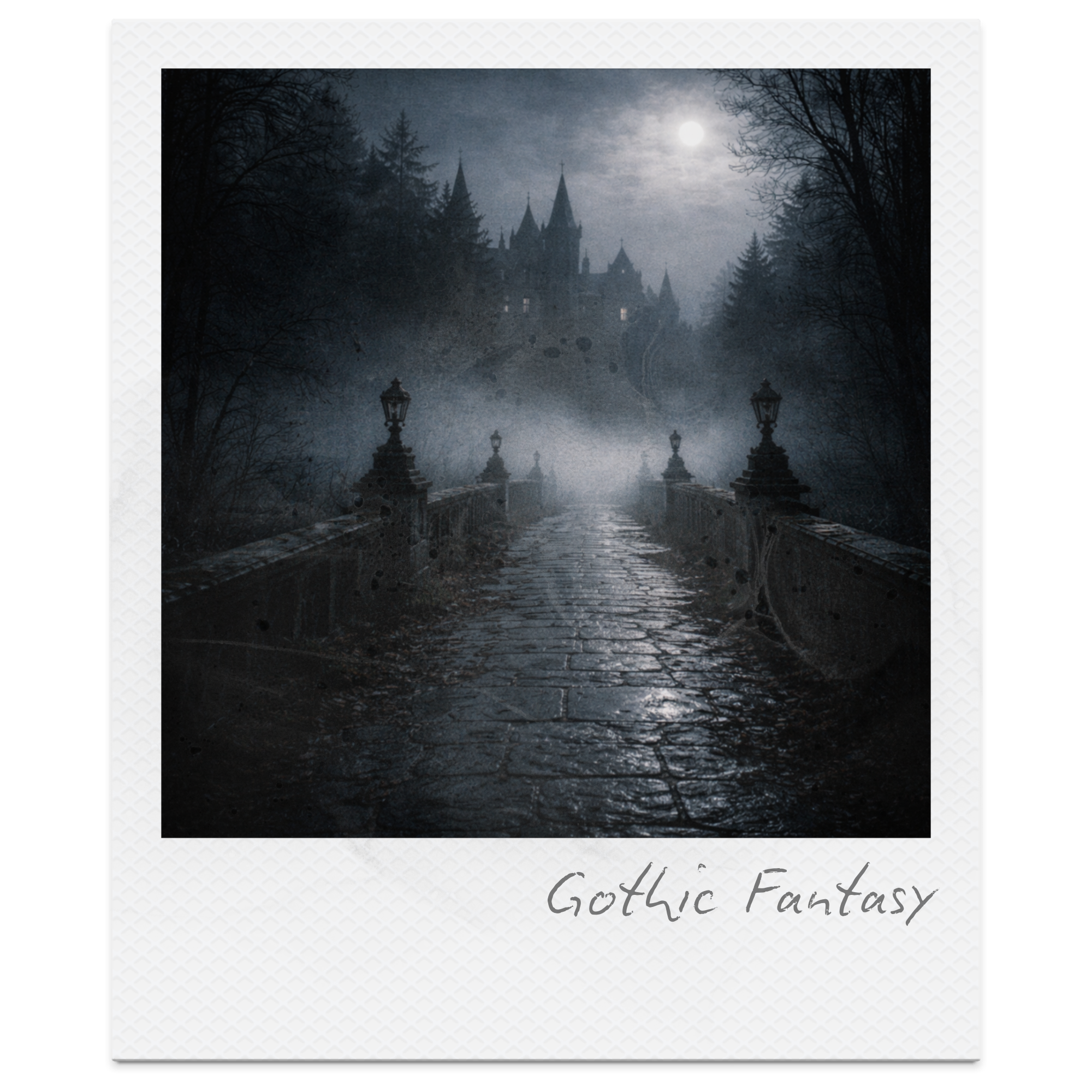 Moonlit gothic castle on a hill viewed from a cobblestone bridge with lamp posts, surrounded by leafless trees and fog, labeled Gothic Fantasy.