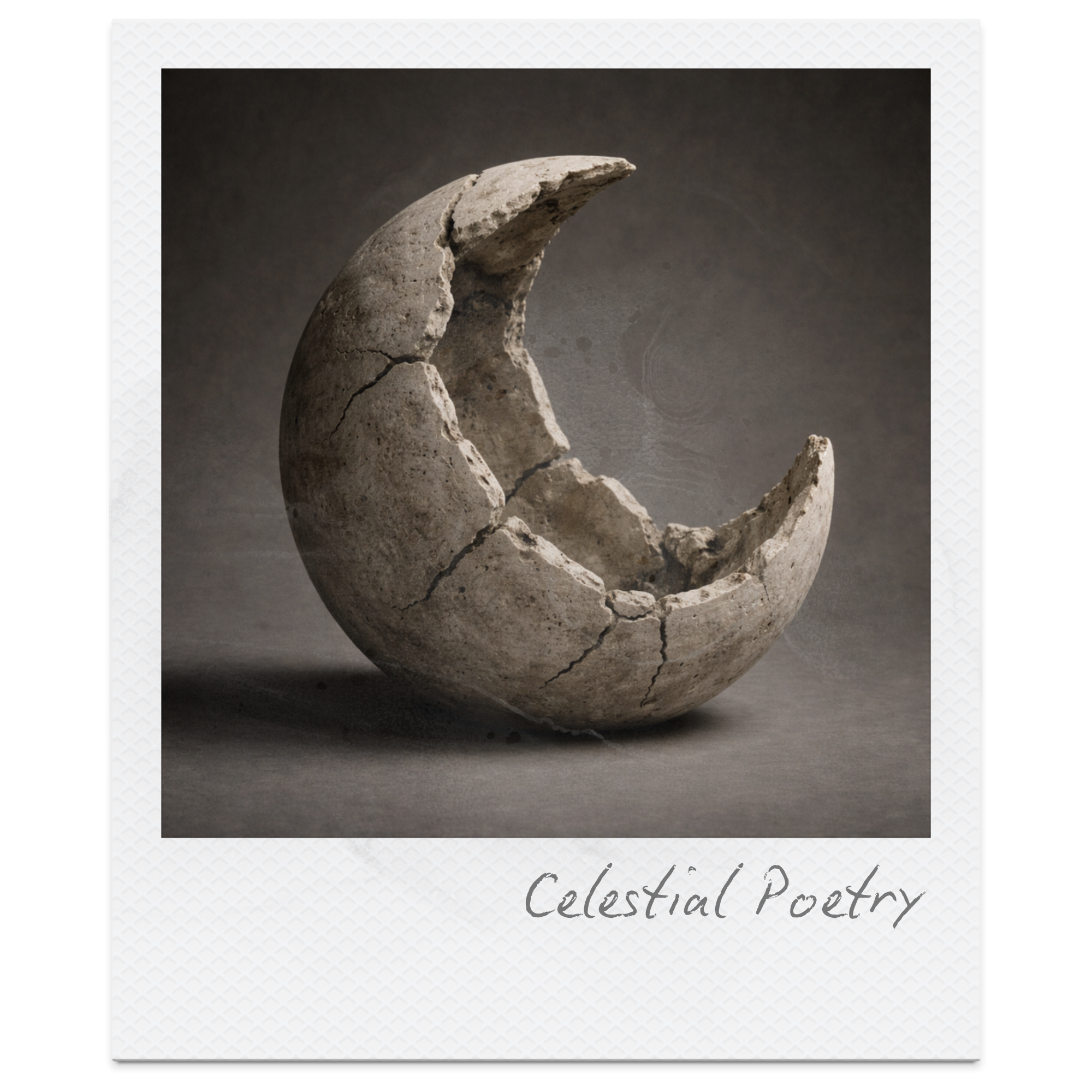 A ceramic sculpture of a crescent moon with cracks and a rough surface, set against a dark background. The bottom of the image includes the text "Celestial Poetry".