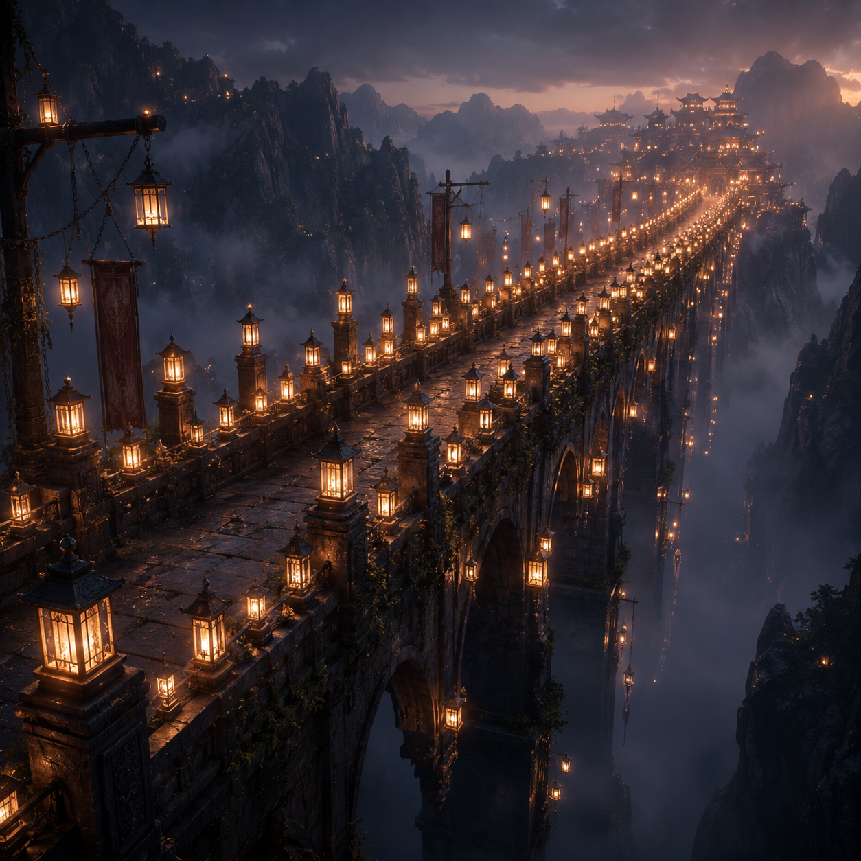 An ancient stone bridge illuminated by hundreds of lanterns stretches across a mist-filled chasm toward a distant mountain city at dusk.