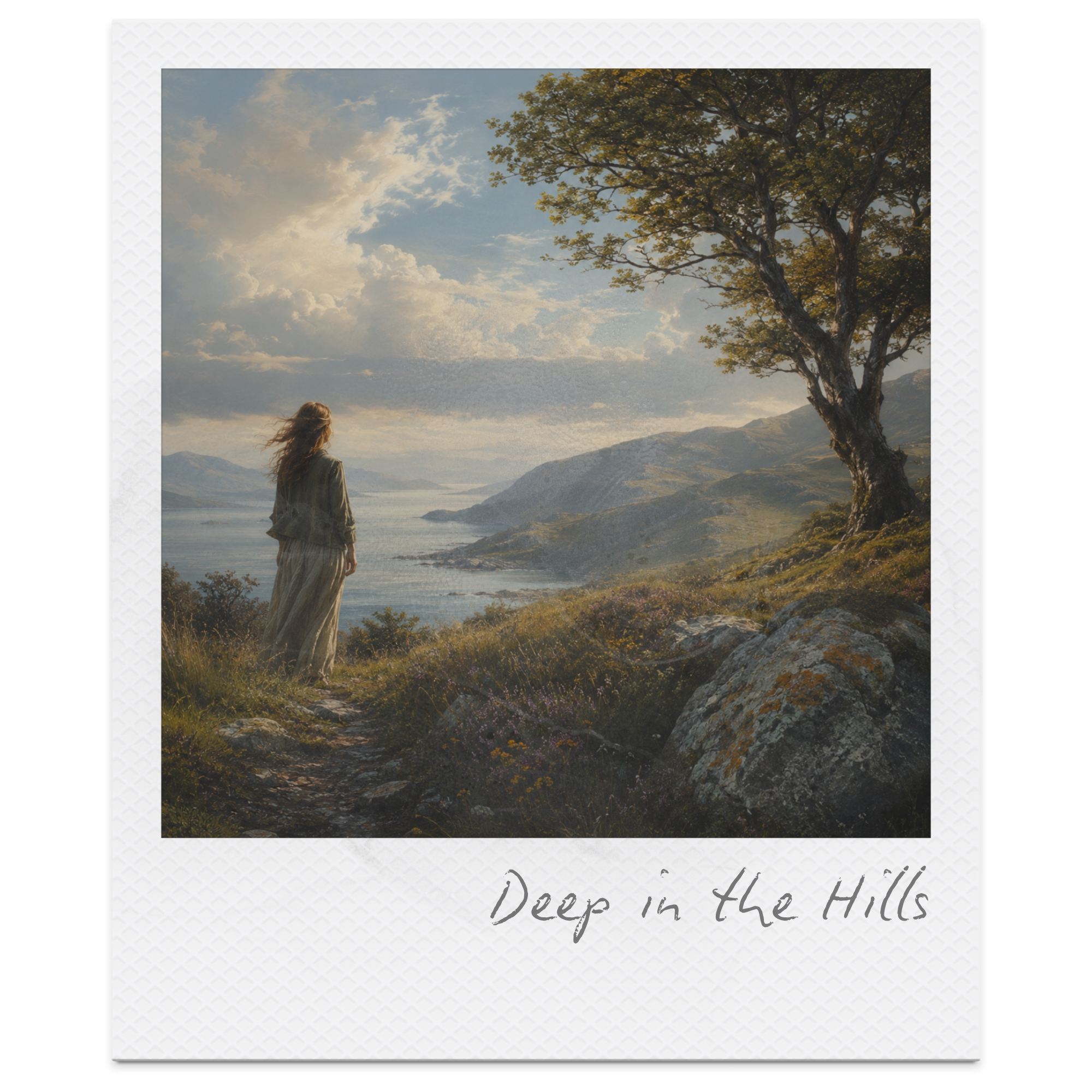 Photo of a landscape with a large tree, mountains in the background, a body of water, and a woman with long hair standing on the grass in the foreground. The sky has scattered clouds and the image is titled 'Deep in the Hills'.