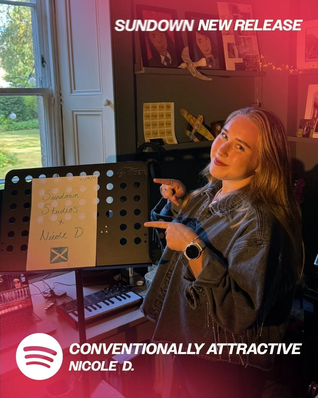 'Conventionally Attractive' by @nicole_d__ is out now!⁠
⁠
Co-written, Produced, Mixed and Mastered by SUNDOWN 💿️⁠
⁠
This is the first song we have created with the wonderful Nicole. We met during a studio pop up week in Edinburgh. Nicole brought up 