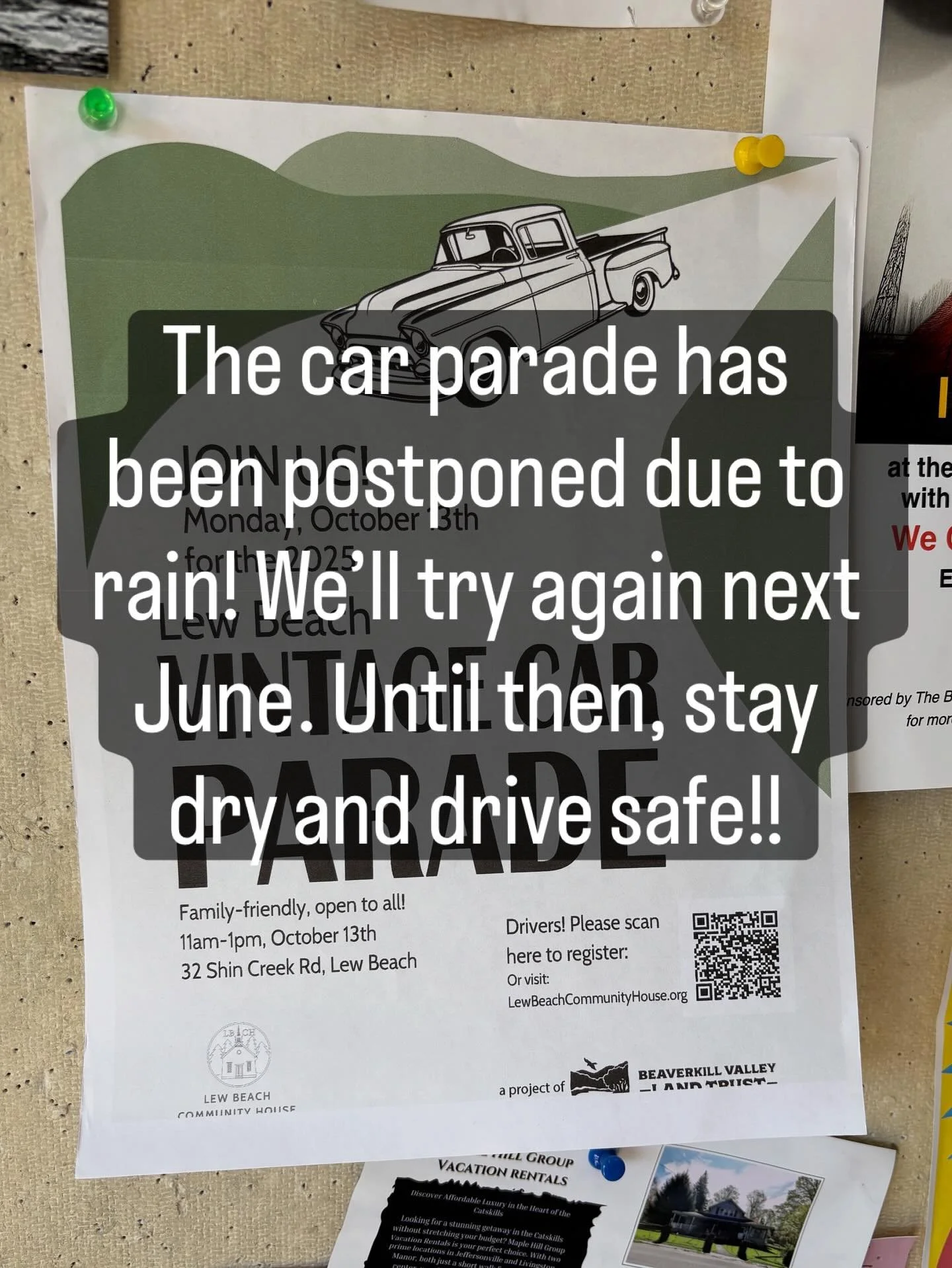 The car parade has been canceled due to rain! Stay dry, everybody!