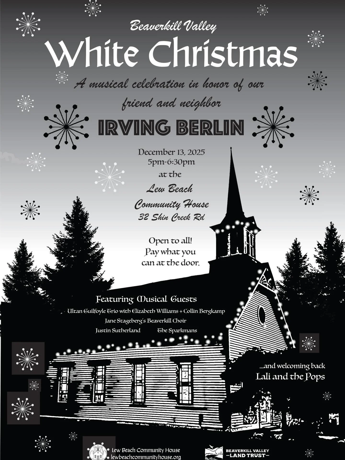Did you know that legendary songwriter Irving Berlin lived and wrote music right up the way on Shin Creek Rd? Join us for a musical celebration of our incredible neighbor! December 13th @ 5:30pm at the Lew Beach Community House! Let&rsquo;s get festi