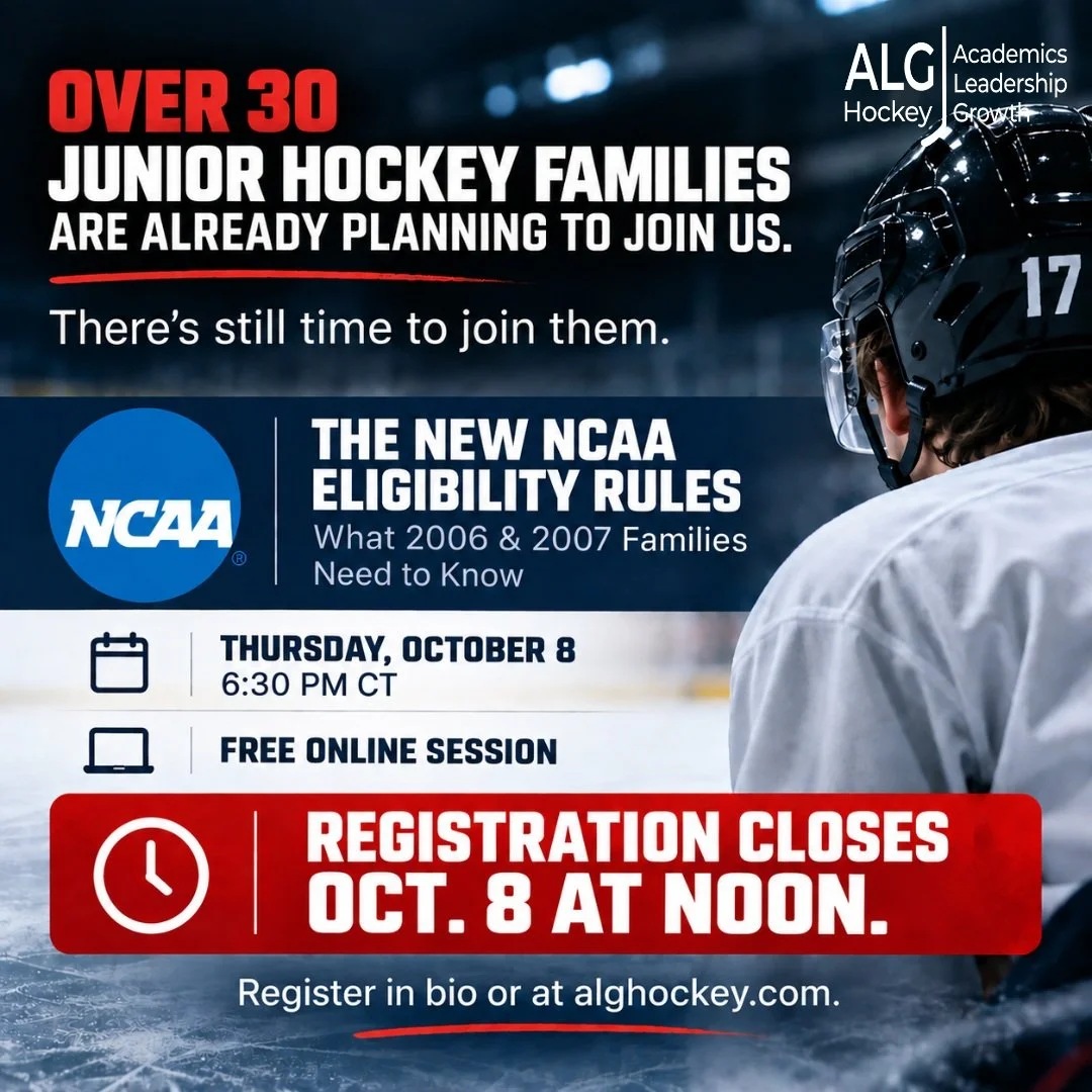More than 30 families are already registered for tomorrow night&rsquo;s NCAA eligibility session.

If you have a 2006 or 2007 playing junior hockey, there is still time to join us.

The new NCAA eligibility rules make a player&rsquo;s timeline&mdash;