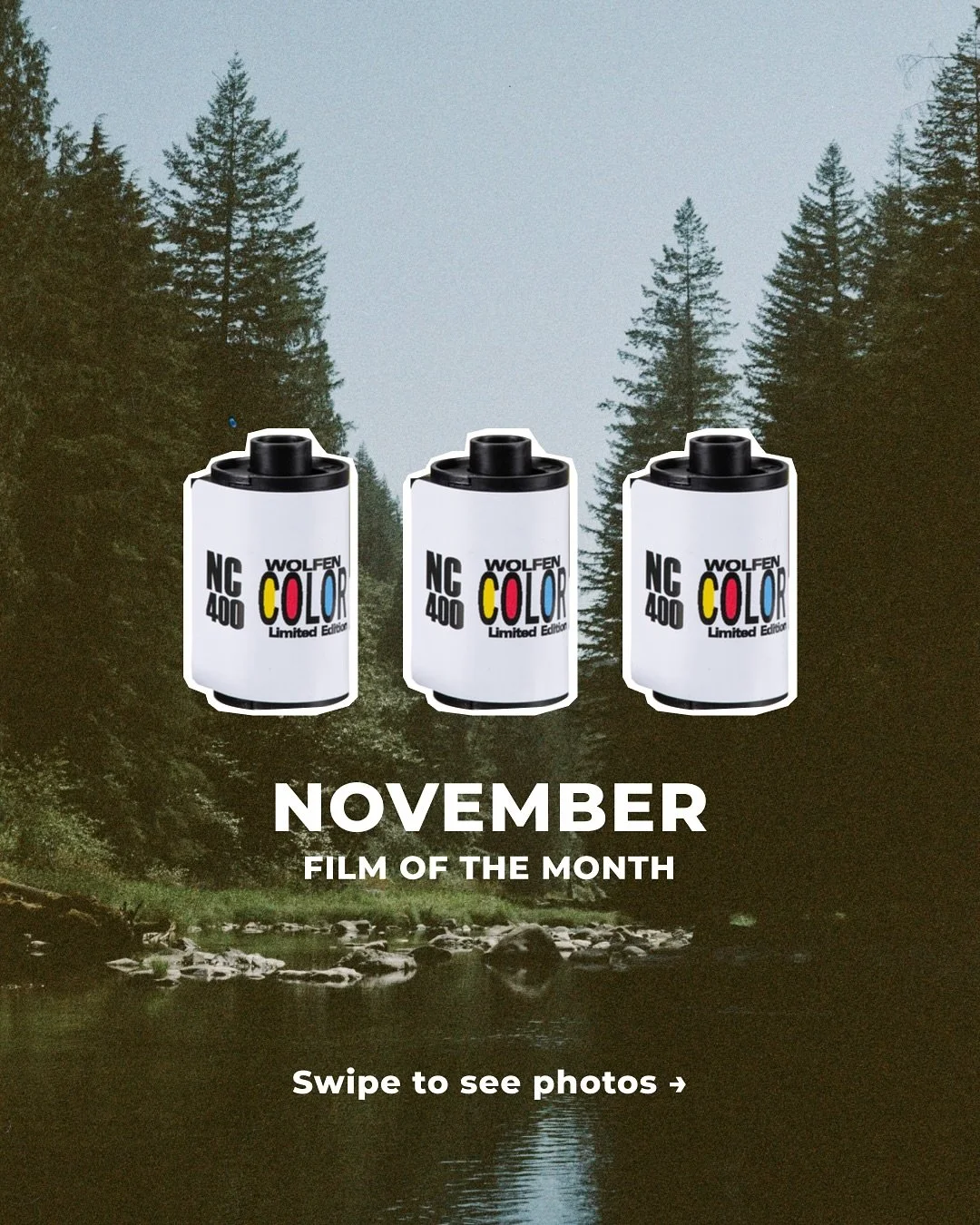 This month&rsquo;s film? Wolfen NC400.

Cool tones, subtle contrast, and just the right vibe for frosty mornings, winter hikes, small-town wanderings, and the in-between moments that feel cinematic.

Pick some up at the fridge while supplies last!