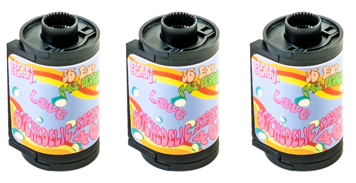 Three repeated film canisters of Street Candy Psychedelic film.