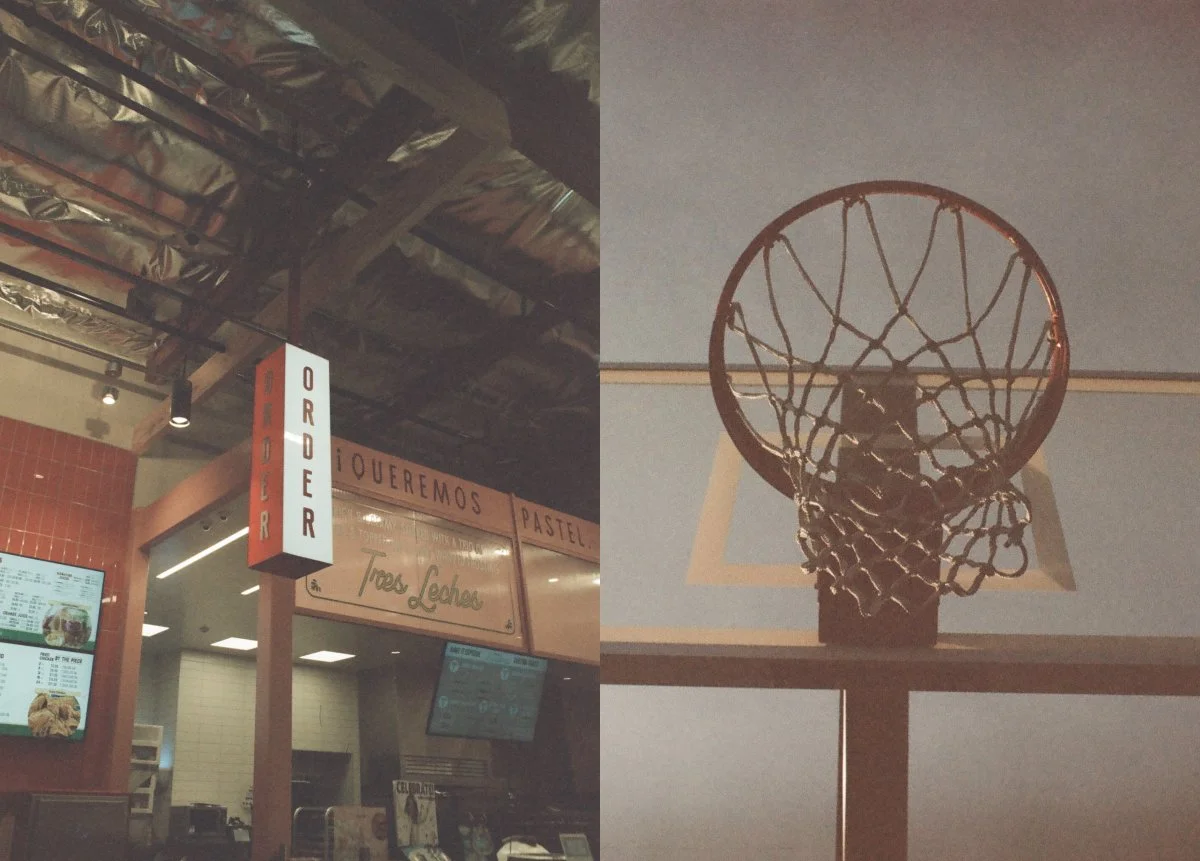 Split image of a café interior with an “ORDER” sign and a film photo of a basketball hoop against the sky.