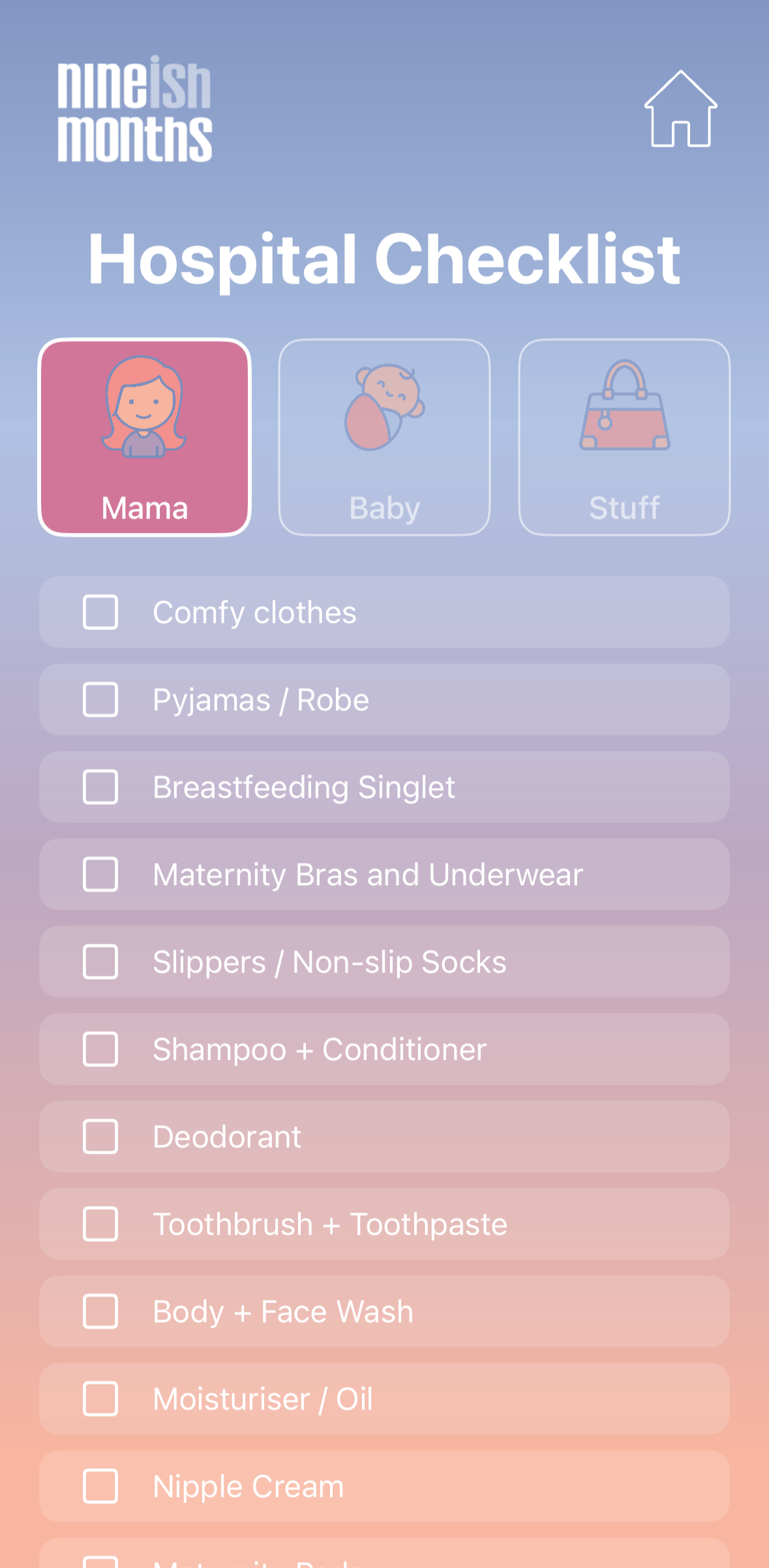 A digital checklist titled 'Hospital Checklist' with sections for 'Mama,' 'Baby,' and 'Stuff.' The 'Mama' section is highlighted. The list includes items such as comfy clothes, pyjamas or robe, breastfeeding singlet, maternity bras and underwear, slippers or non-slip socks, shampoo and conditioner, deodorant, toothbrush and toothpaste, body and face wash, moisturiser or oil, nipple cream, and other personal care items.