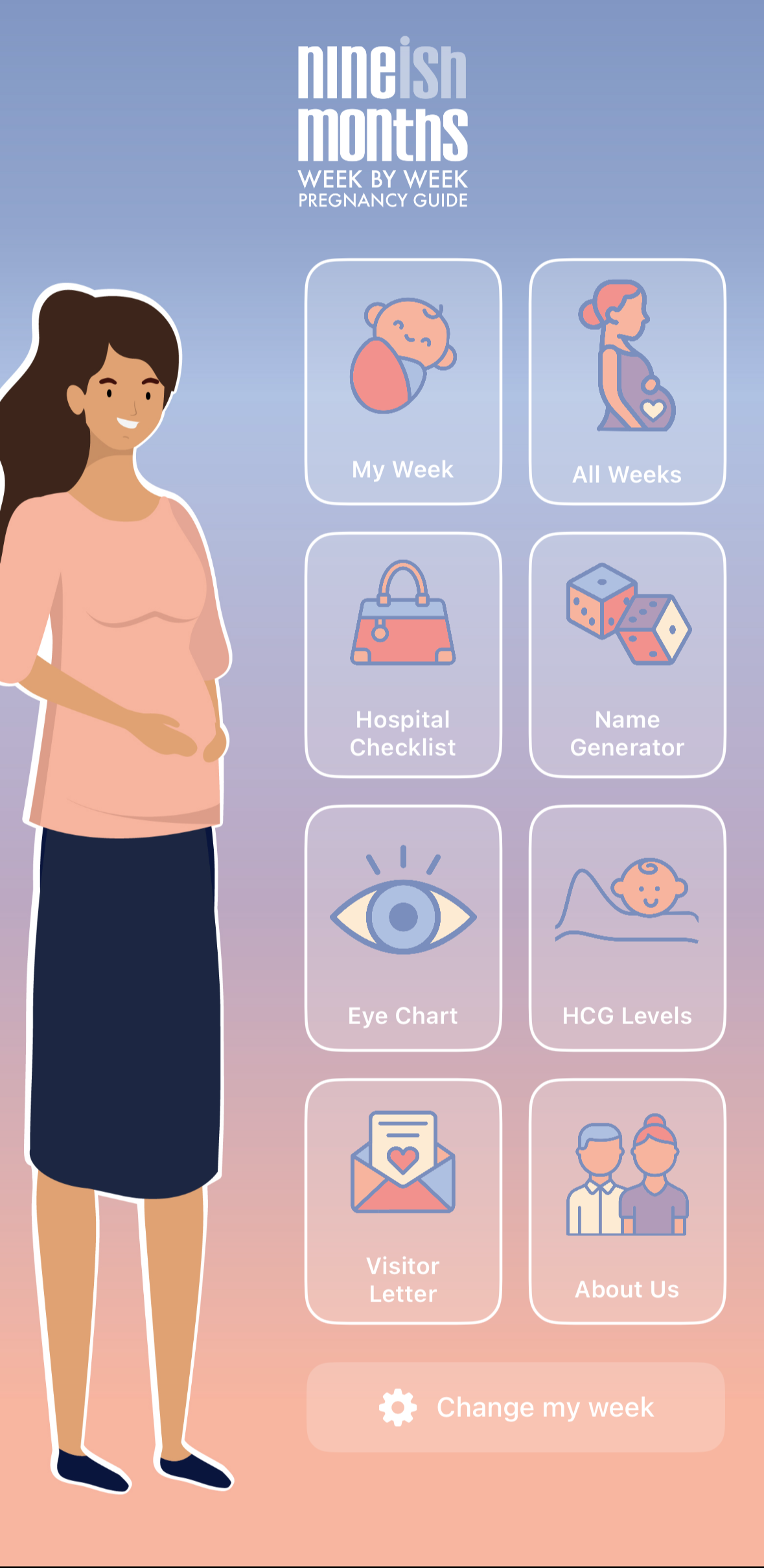 An illustration of a pregnant woman with brown hair wearing a pink top and dark skirt, standing to the left of a pregnancy app menu with icons for week-by-week pregnancy guide, checklists, and other pregnancy-related tools.