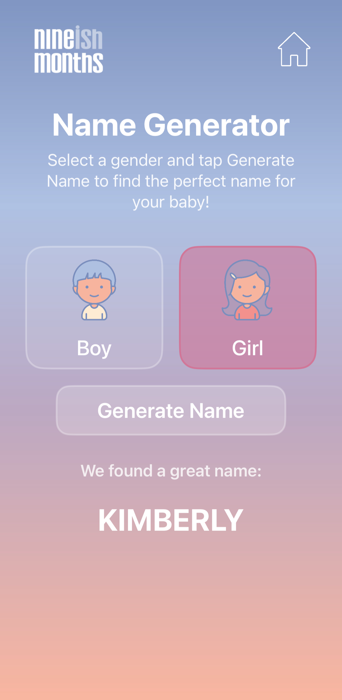 Mobile app screen for generating baby names by selecting gender, with options for Boy or Girl, and a button to generate name, showing the name Kimberly.