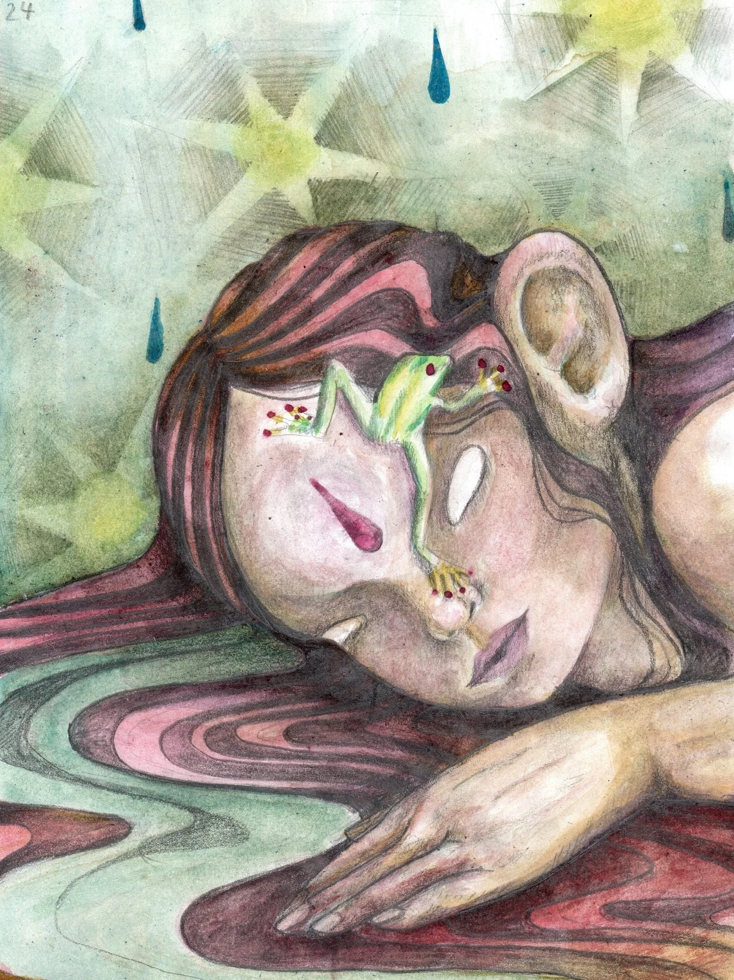 Cuando era ni&ntilde;a so&ntilde;&eacute; que un payaso me regalaba una rana de dos cabezas y ese s&iacute;mbolo me sigue desde entonces, mutando a distintos significados, pero siempre presente. 
Del sketchbook, un experimento con grafito, acuarelas 