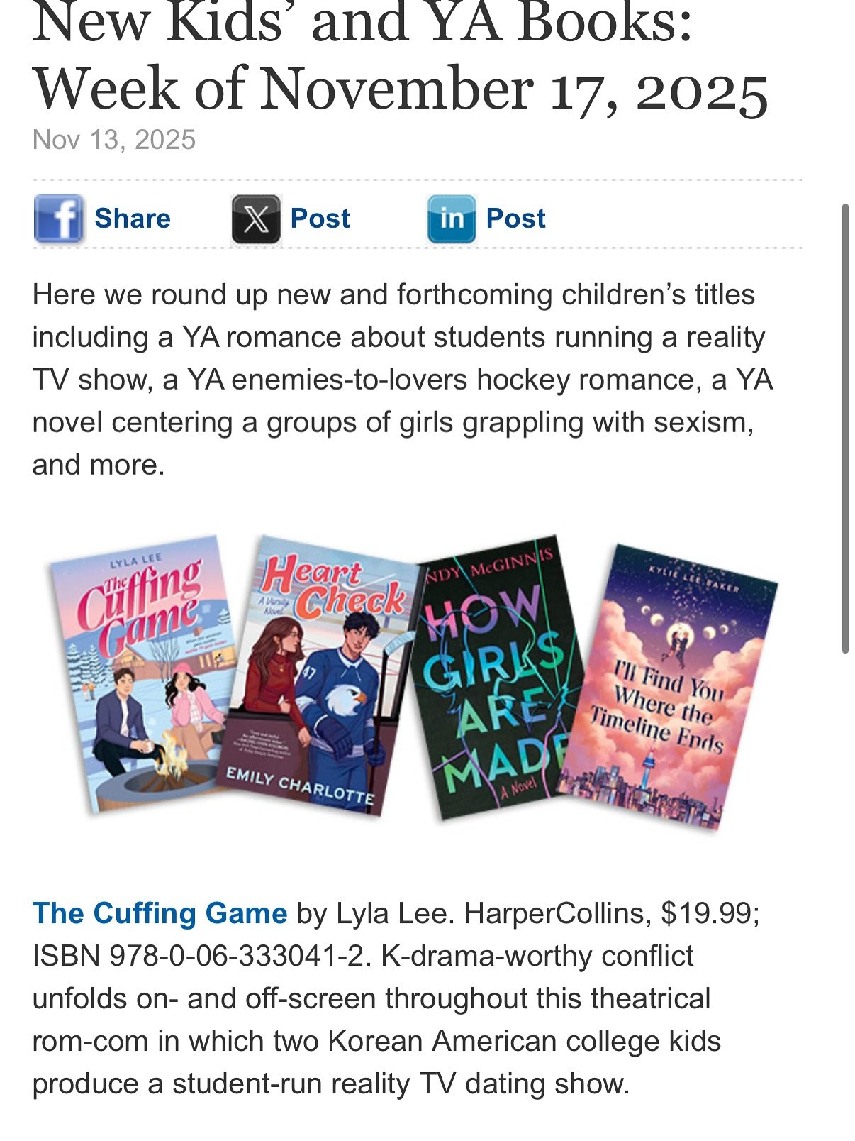 Whoa, my first time being first in a round-up like this. 🤯 Sharing the first group with @emilycharlottebooks , @mindymcginnisauthor , and @kylieleebaker . Looks like a wonderful week for releases! 

THE CUFFING GAME COMES OUT TOMORROW!!!! 

#thecuff