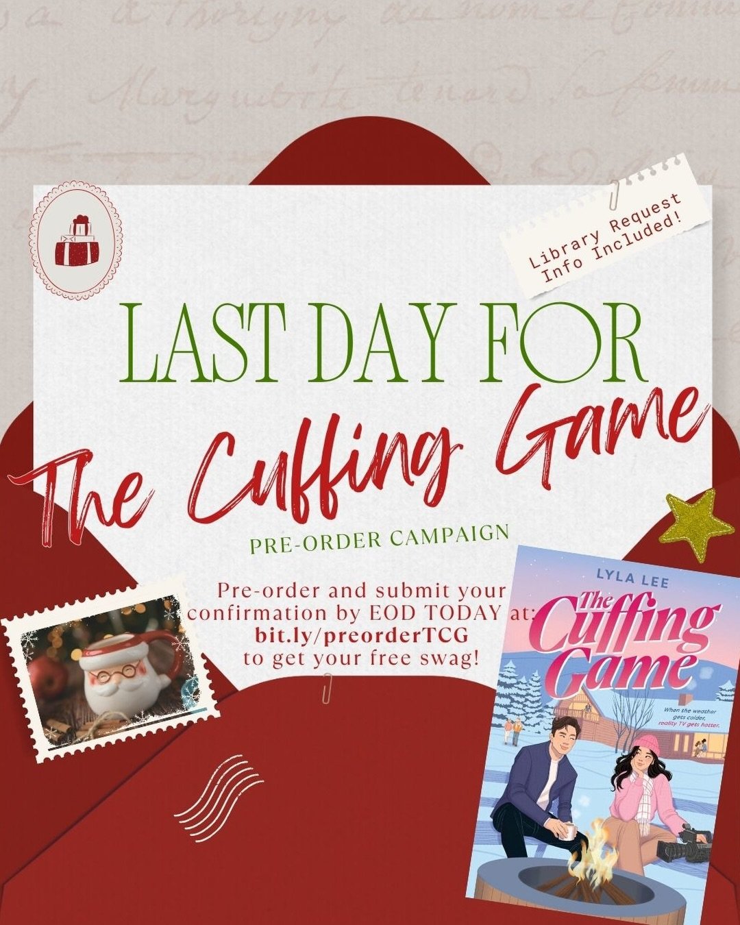TODAY is the last day to order THE CUFFING GAME and submit your confirmations and receipts to get free swag! The book is a Christmas rom com 😅 but if you know you might want to read the book during the holidays (or if you want to gift it to someone 
