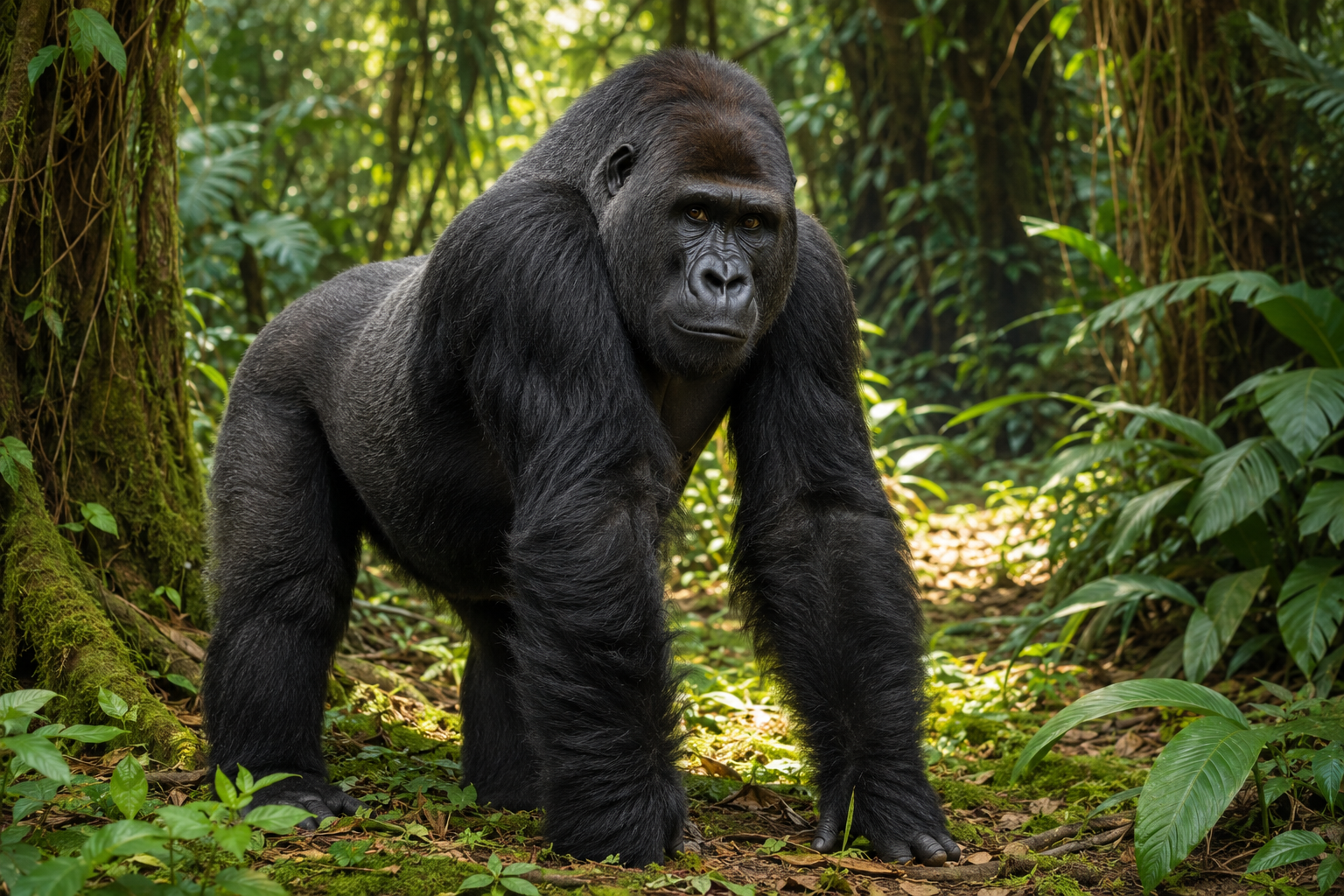 Lowland gorilla walking through a green rainforest habitat