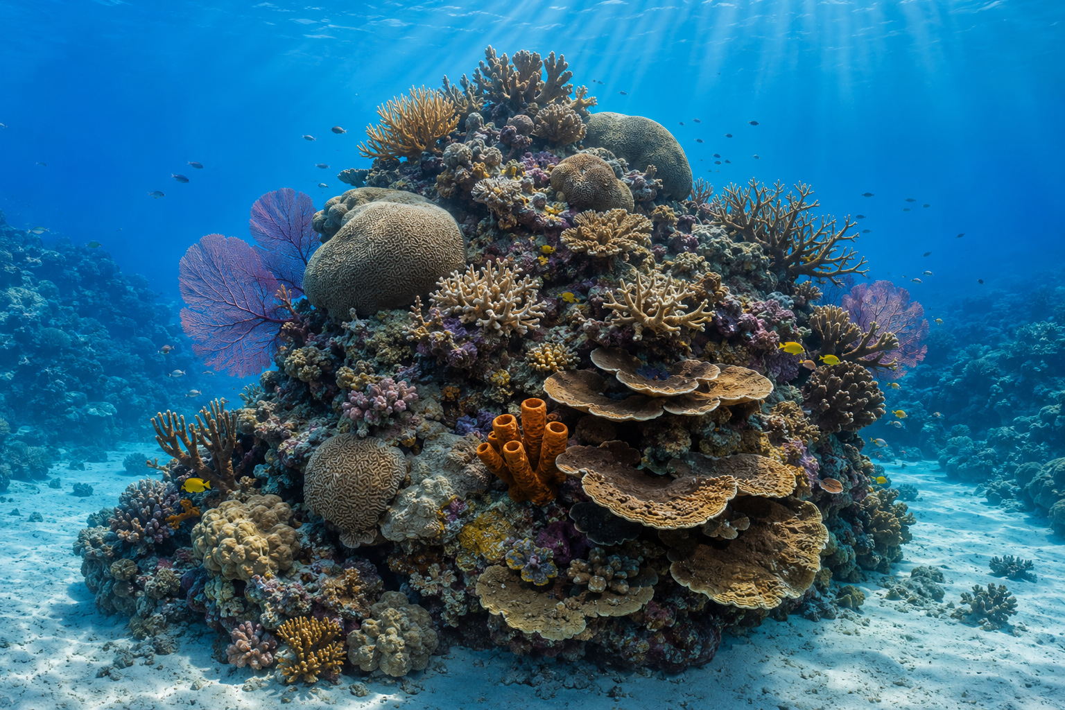 Colorful coral reef habitat with fish and ocean animals