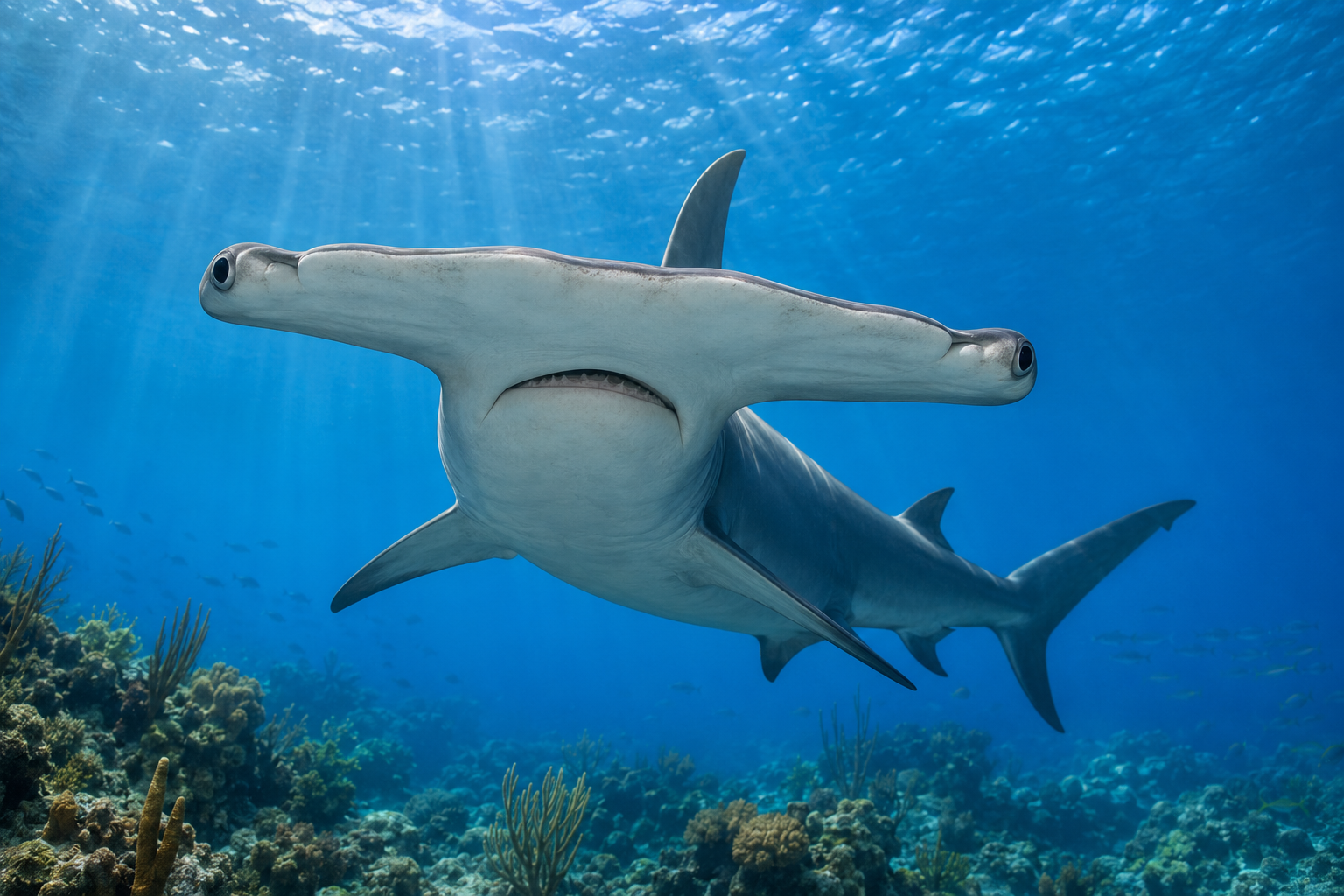 Close-up illustration of a great hammerhead shark in a kid-friendly Zoobitat style