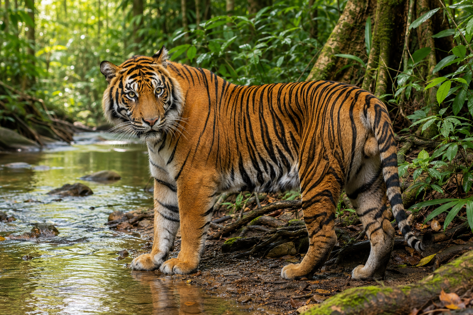 Sumatran tiger walking through a tropical rainforest habitat