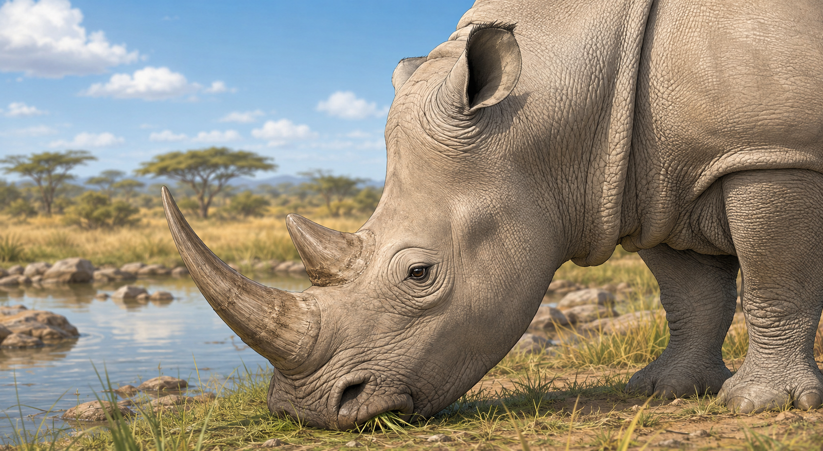 Close-up illustration of a white rhino in a kid-friendly Zoobitat style