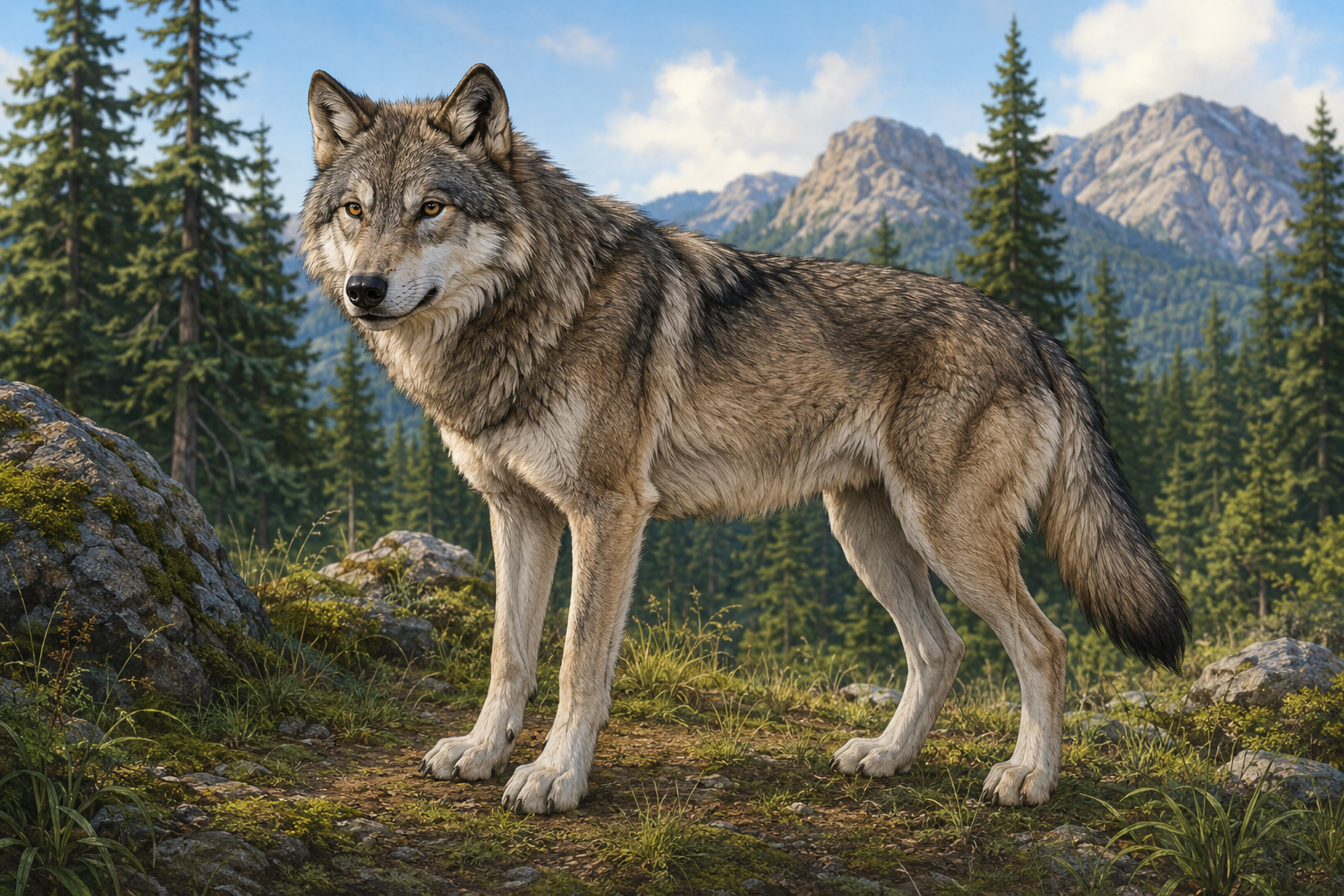 Gray wolf walking through a forest habitat