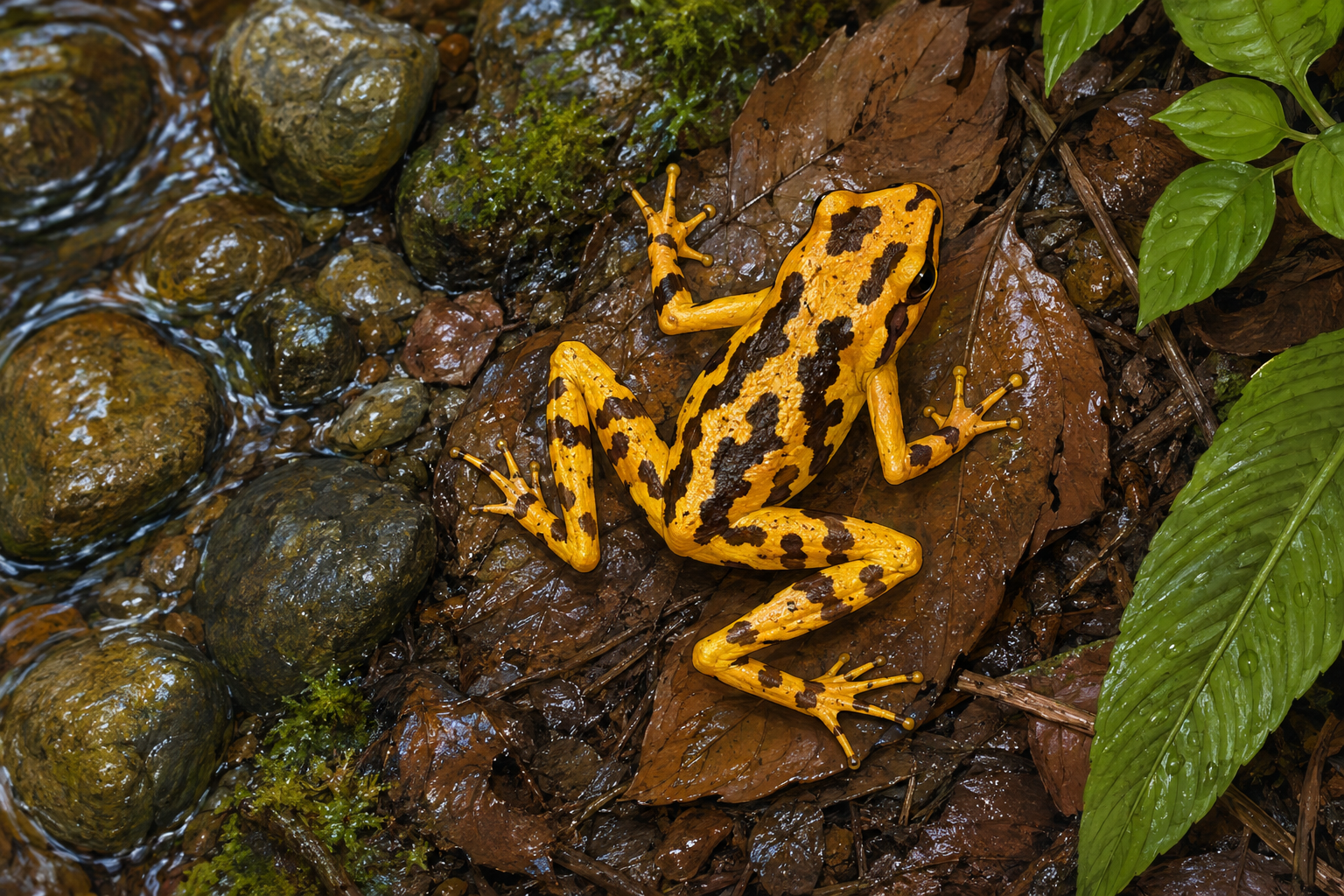 Overhead illustration of a Panamanian golden frog in a kid-friendly Zoobitat style