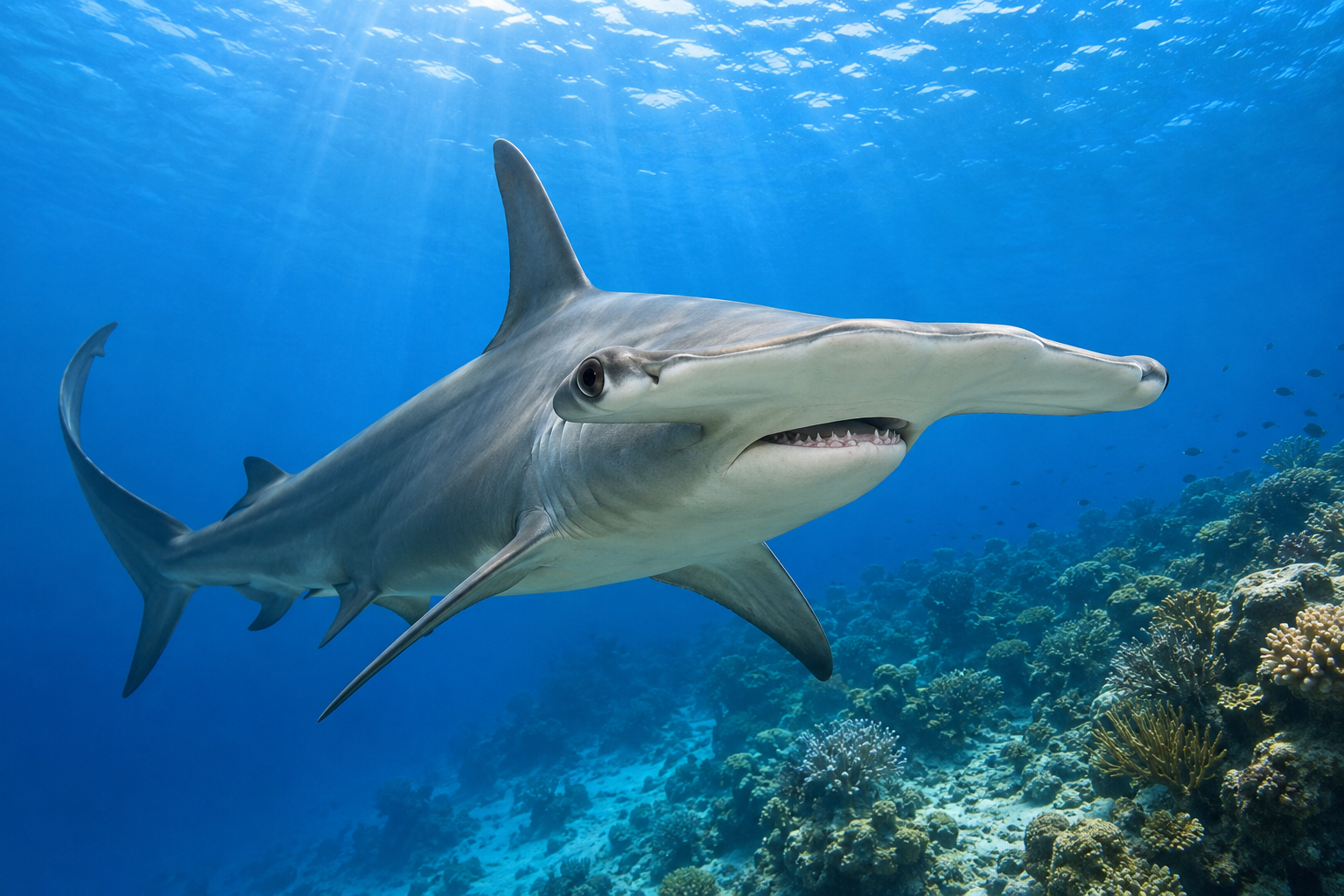 Great hammerhead shark swimming through a blue ocean habitat