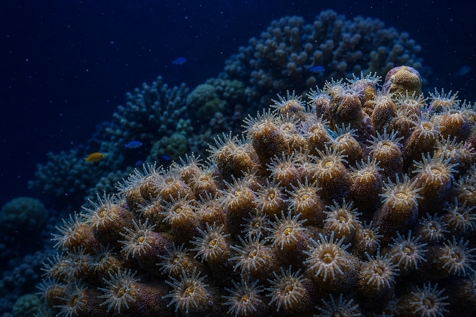 Close-up illustration of coral and reef fish in a kid-friendly Zoobitat style