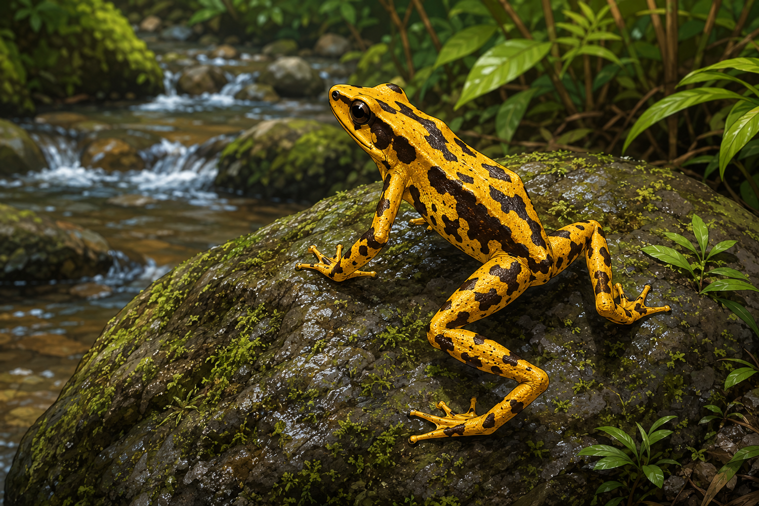 Panamanian golden frog sitting on rock in a rainforest stream habitat