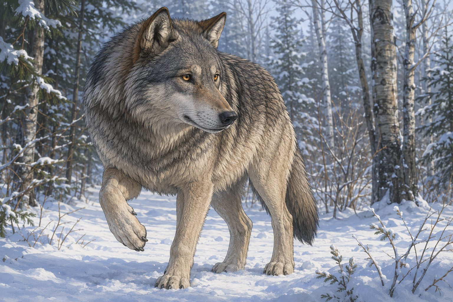 Close-up illustration of a gray wolf in a kid-friendly Zoobitat style