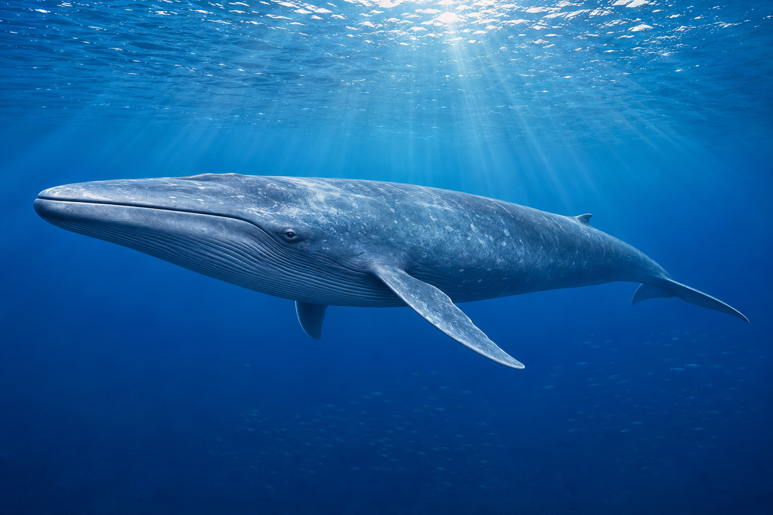 Kid-friendly image of a blue whale in its ocean habitat