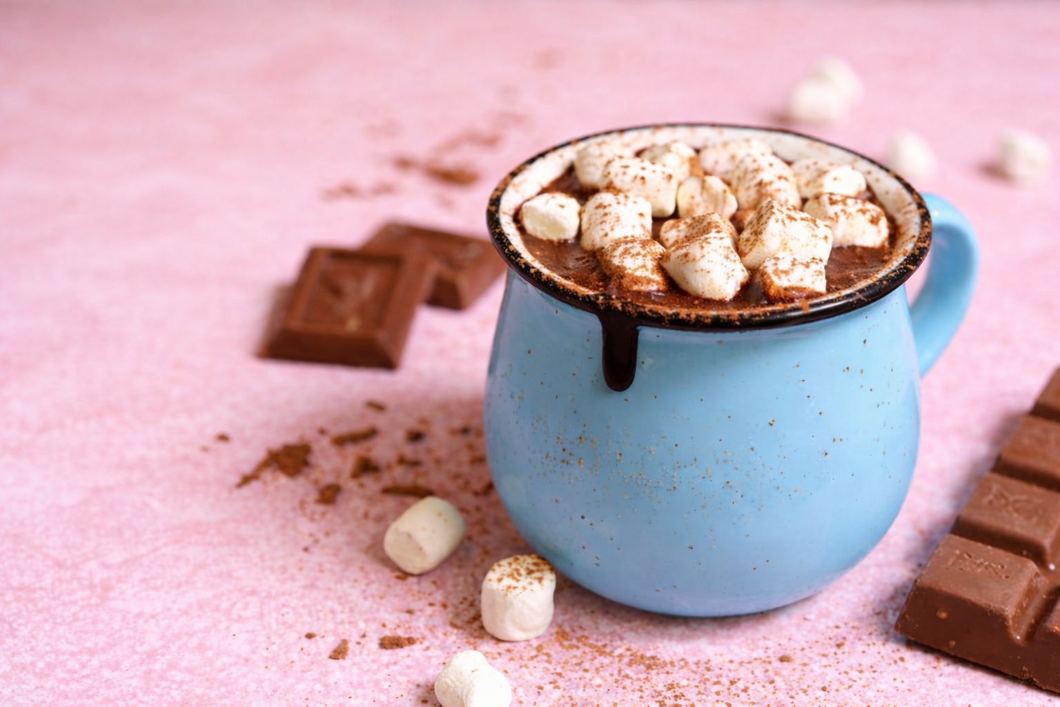 Light blue mug full of hot cocoa and mini marshmallows on a light pink surface surrounded by mini marshmallows and chocolate shavings