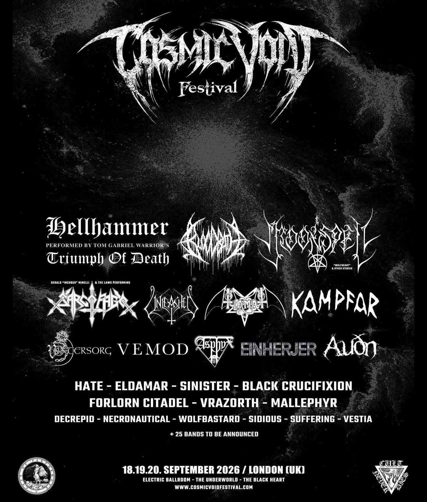 Cosmic Void Festival 2026: Bloodbath, Kampfar, and More confirmed: The void expands once more&hellip; Cosmic Void Festival 2026 unveils another wave 
of artists, widening the constellation of bands set to gather this September in Camden Town. With ea