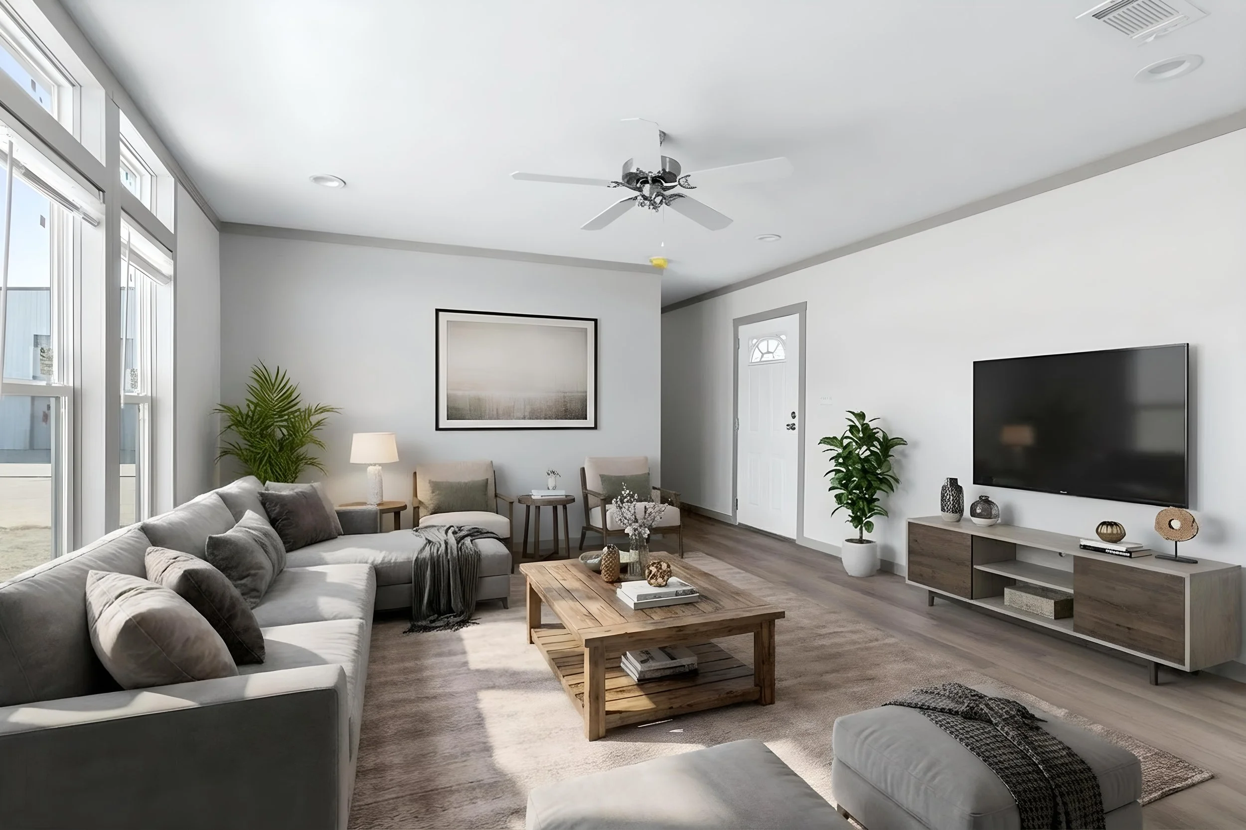 Modern living room in a manufactured home at homestead san antonio