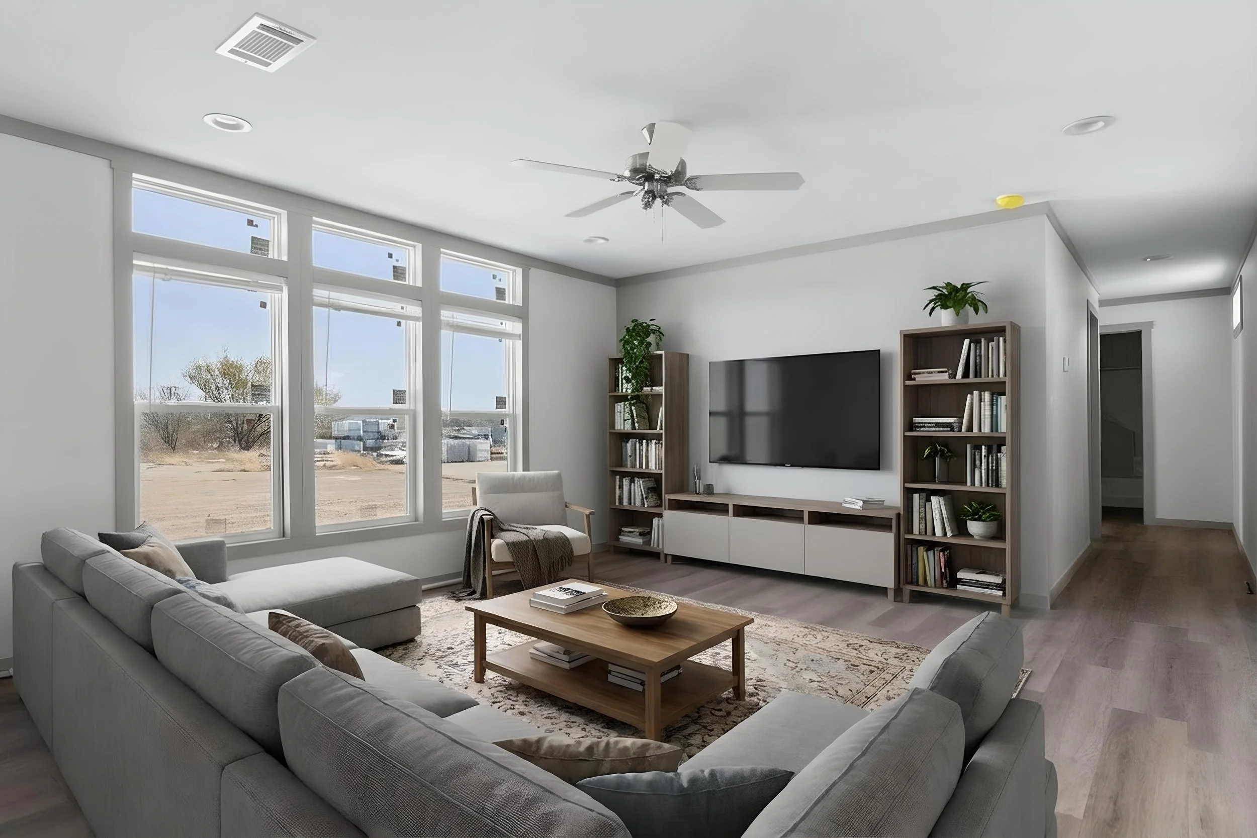 Modern living room in a manufactured home at homestead san antonio