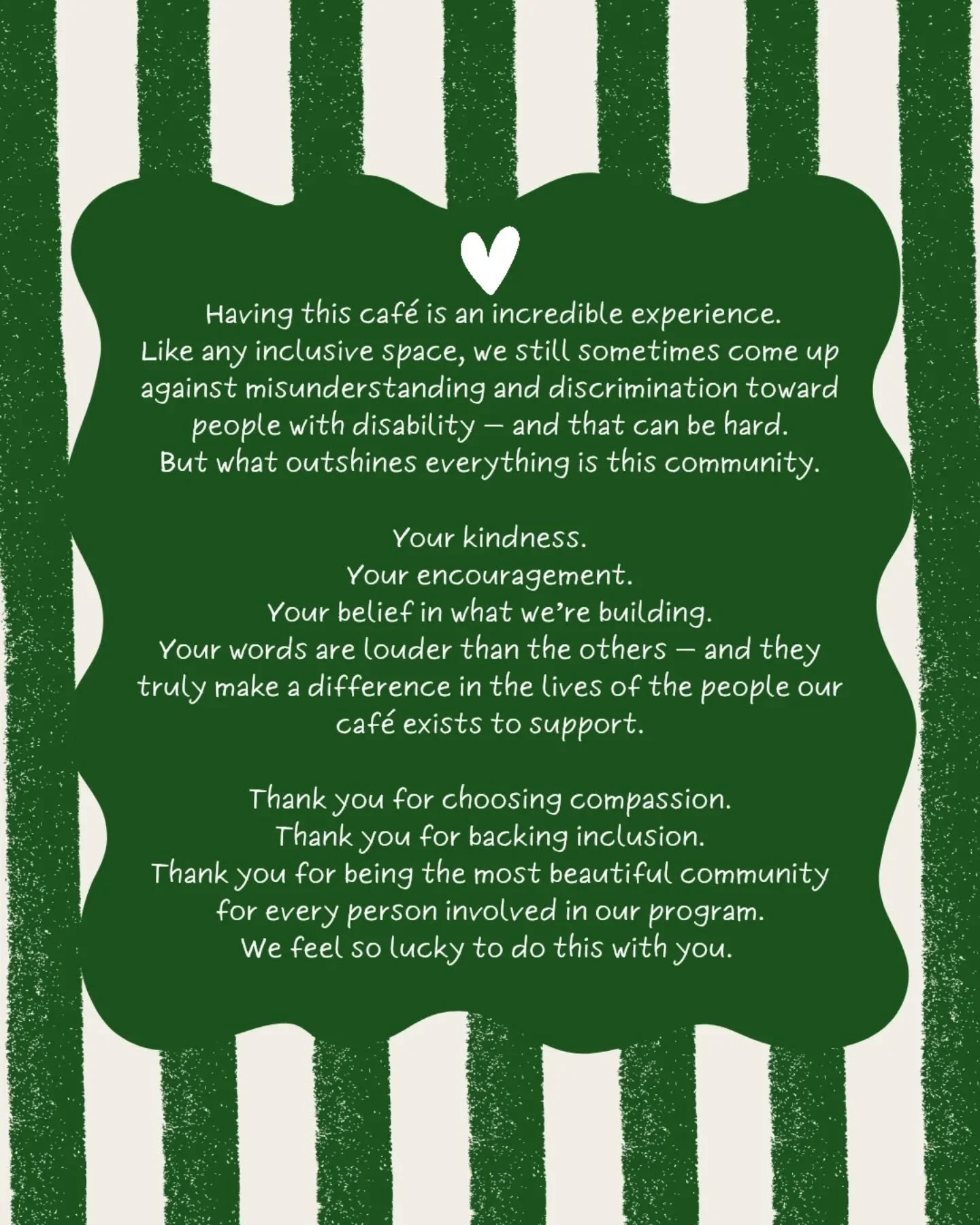 Thank you for all the support you show for what we&rsquo;re building 💚
If you&rsquo;re needing a coffee fix or something to eat and you&rsquo;re in the area, turn down the side street and come see us &mdash; every brew helps support our mission and 