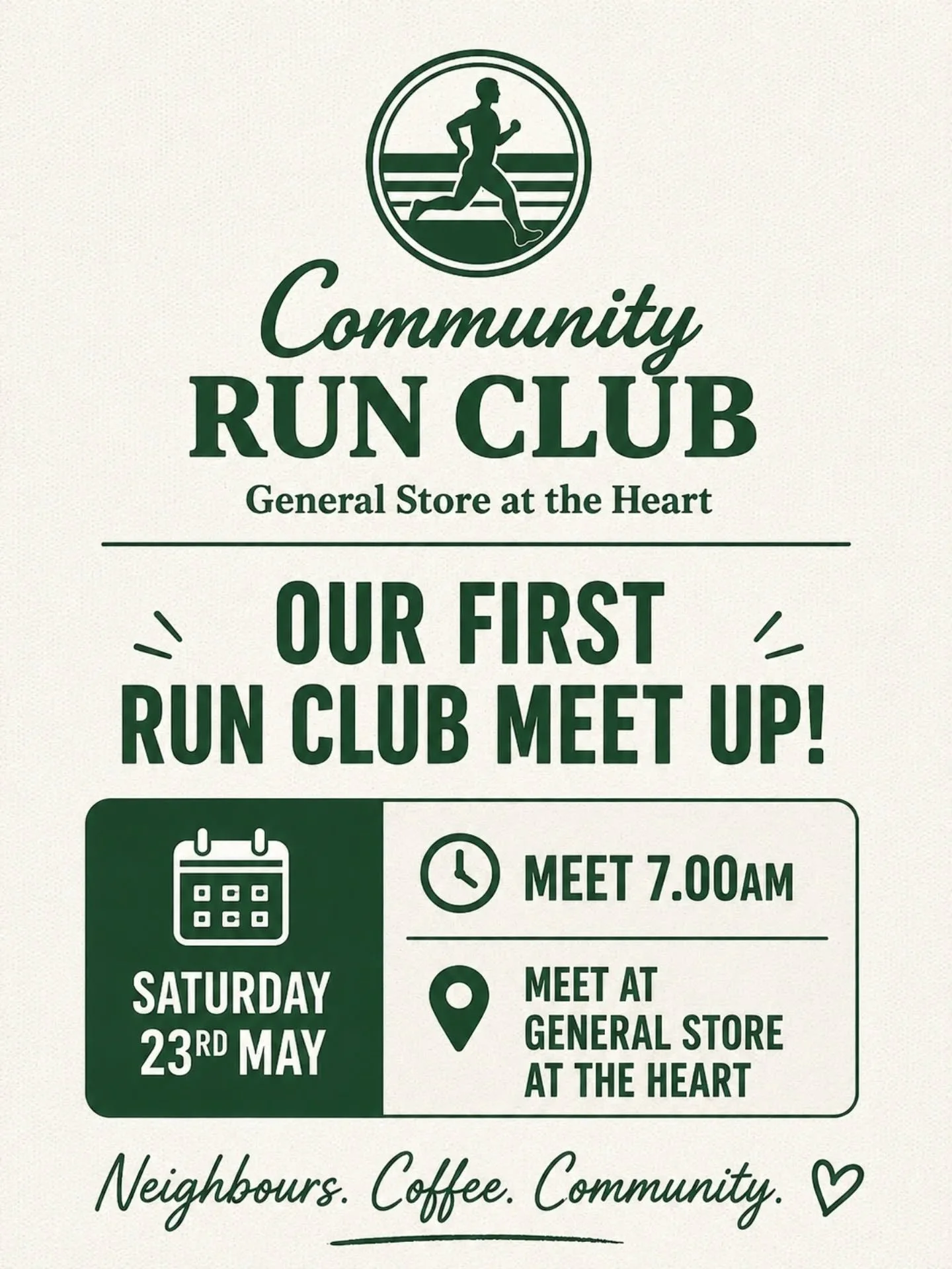 A few things slowed us down after we first shared the idea&hellip; but we&rsquo;re finally ready to hit the footpath and get moving 🏃&zwj;♀️☕️

This Saturday is our very first Community Run Club meet up at General Store at the Heart.

Come for a run