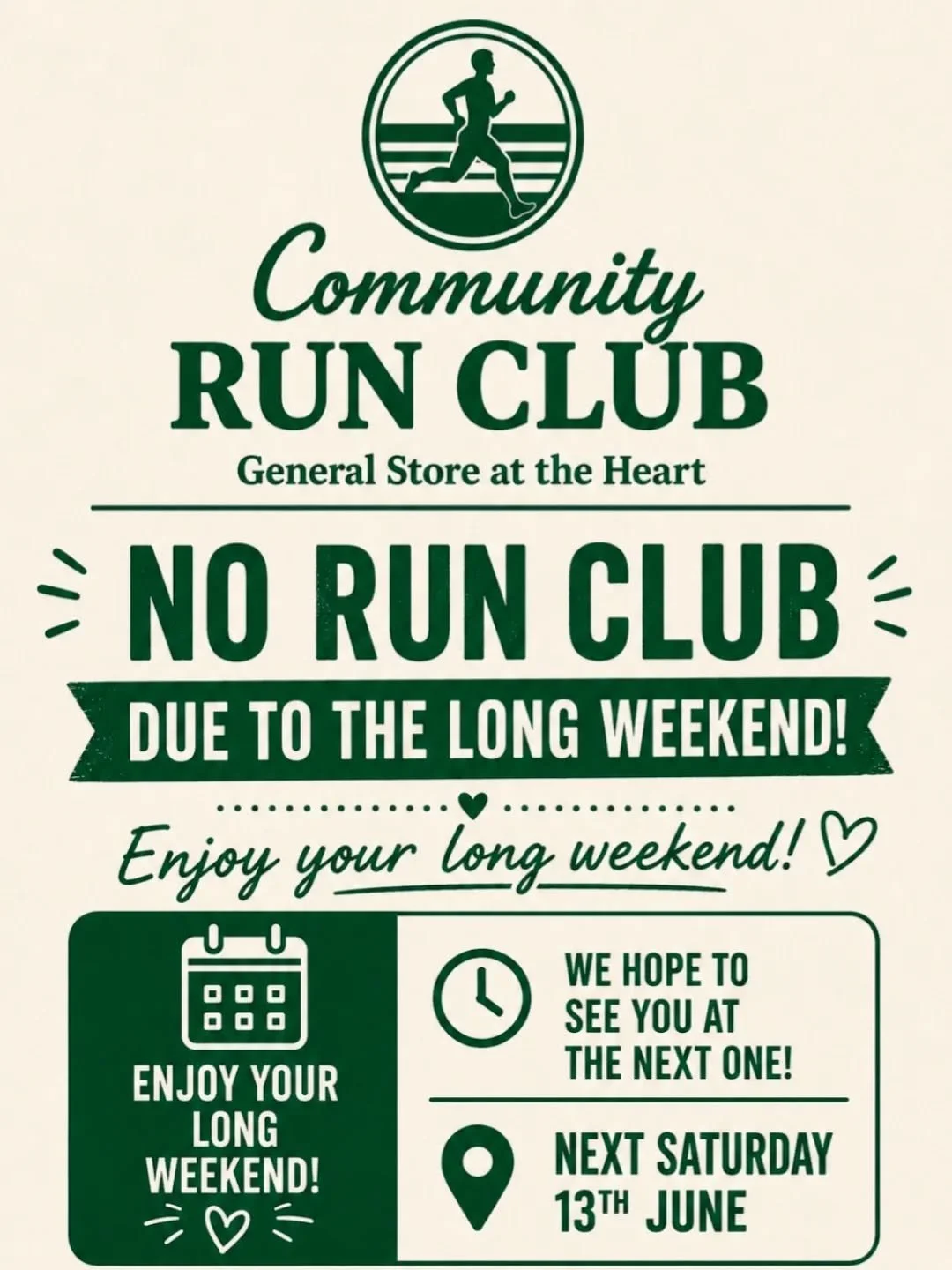 💚💚 Enjoy your long weekend! We hope to see you at the next run club 💚💚