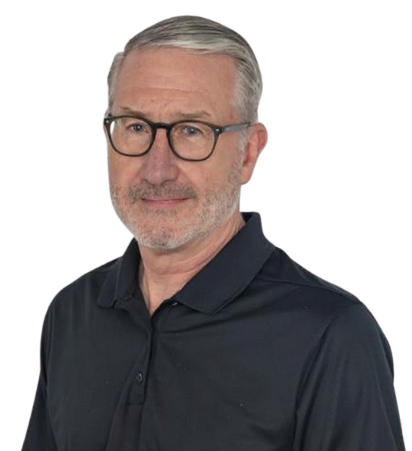 A middle-aged man with gray hair, glasses, and a short beard, wearing a black polo shirt, standing against a plain background.