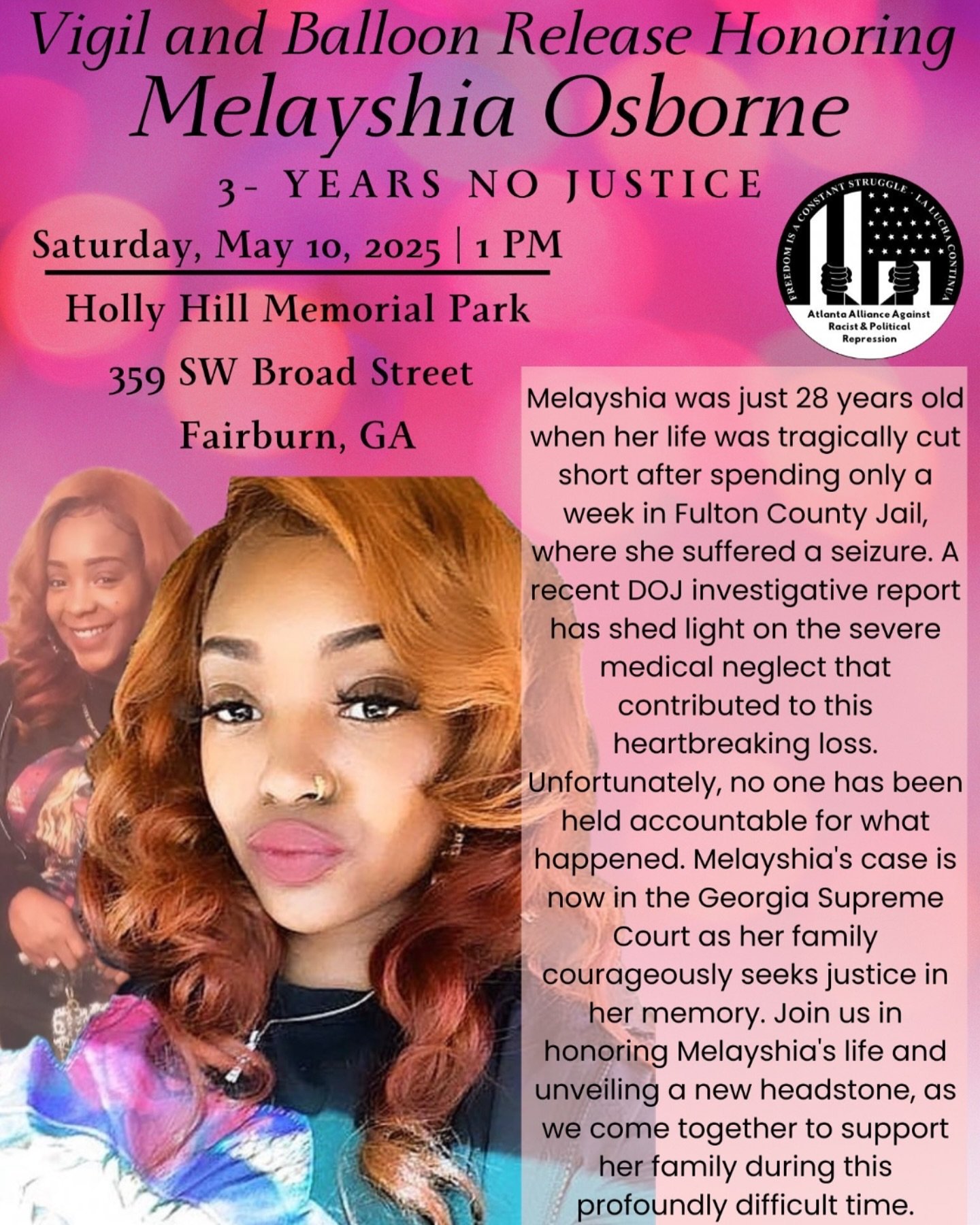 Gone too soon and her family deserves answers! 

Join us and Melayshia's family as we honor her life and uplift the case in the GA Supreme Court to get justice in her name.