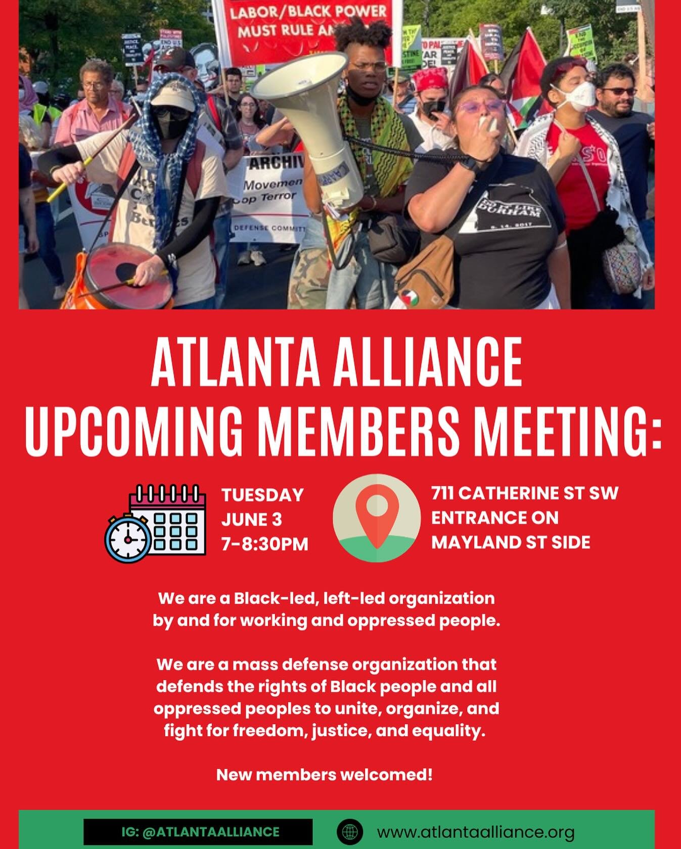 📣 Join the movement! The Atlanta Alliance is hosting our next members meeting, tomorrow, Tuesday, June 3 from 7&ndash;8:30PM at 711 Catherine St SW (entrance on Mayland St side).

We&rsquo;re a Black-led, left-led organization fighting for justice, 