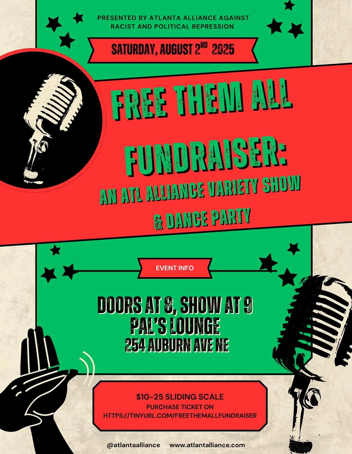 Join us for a night of drag, bands, DJs, and more!! 🔥

Tickets are $10-$25 sliding scale, and can be found at the link in our bio or right here: https://www.eventbrite.com/e/free-them-all-fundraiser-an-atl-alliance-variety-show-and-dance-party-ticke
