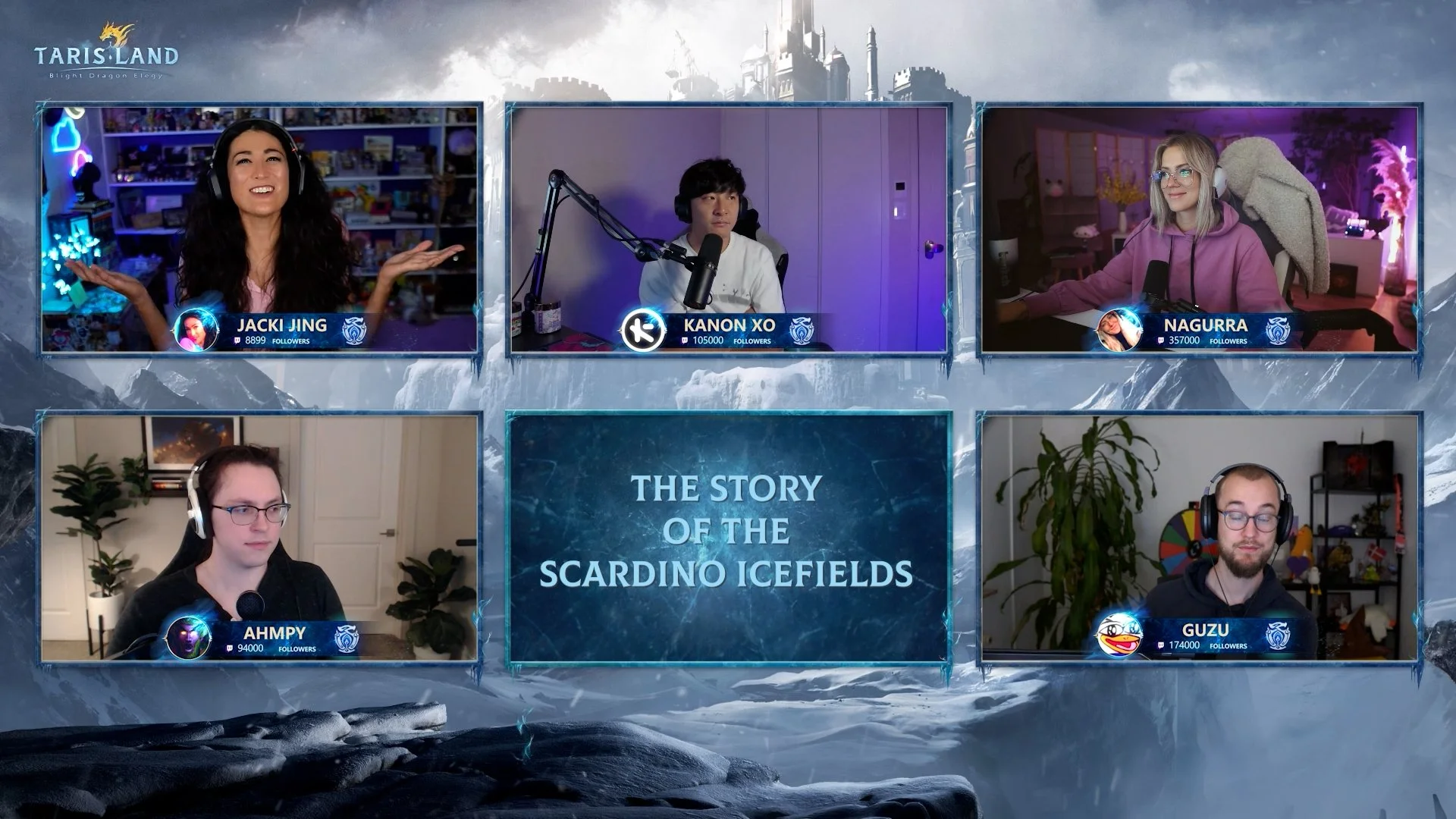 Collage featuring five streamers labeled Jacki Jing, Kanon XO, Nagurra, Ahmpy, and Guzu, with their follower counts, set against a backdrop promoting Tarisland and 'The Story of the Scardino Icefields.' Each streamer is in a separate video frame, thr